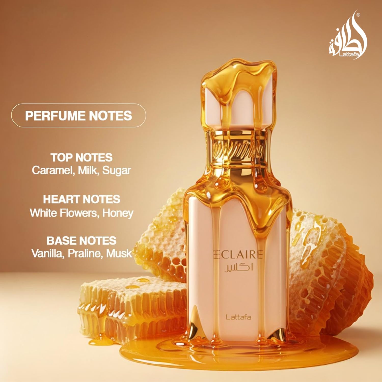Lattafa Eclaire Eau de Parfum for women, 3.4 oz, featuring vanilla, caramel, floral notes, long-lasting sweet fragrance.