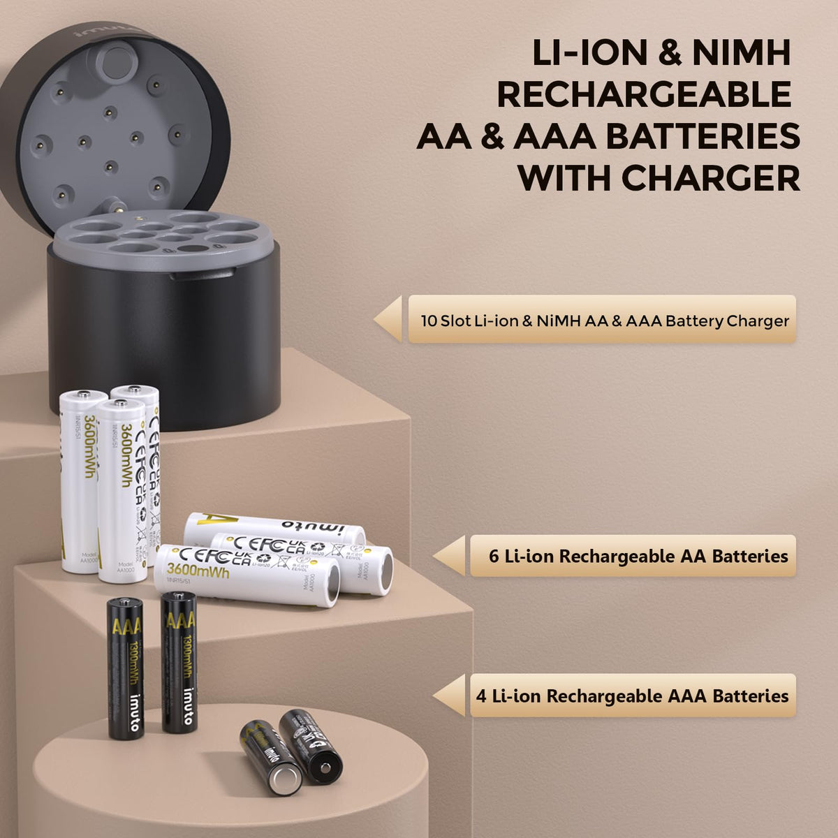 imuto AA AAA Rechargeable Batteries with Charger 6 AA 4 AAA - imuto Official Imagery - 3