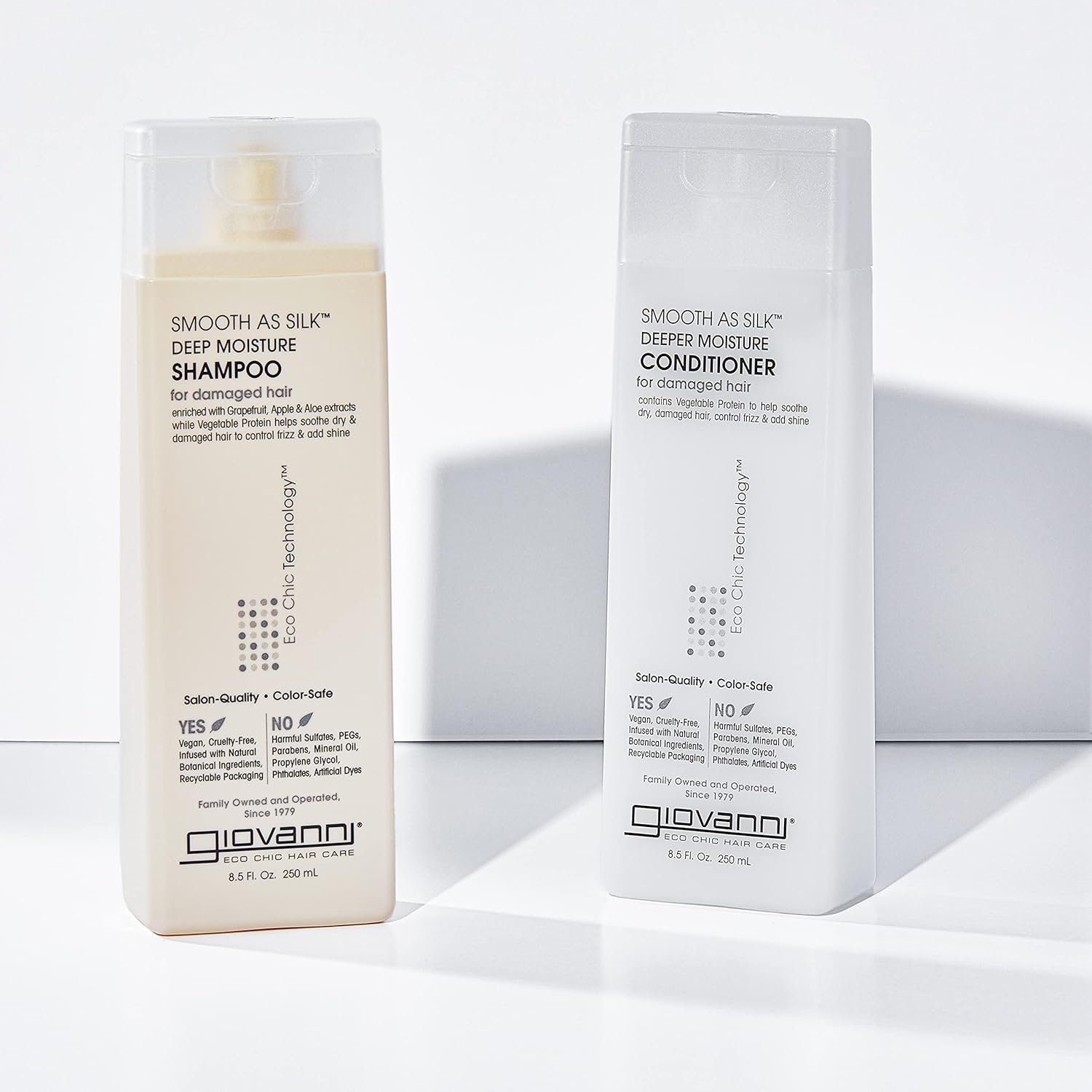 Giovanni Smooth as Silk Deeper Moisture hair care product bottle with label and pump dispenser for soft, hydrated hair