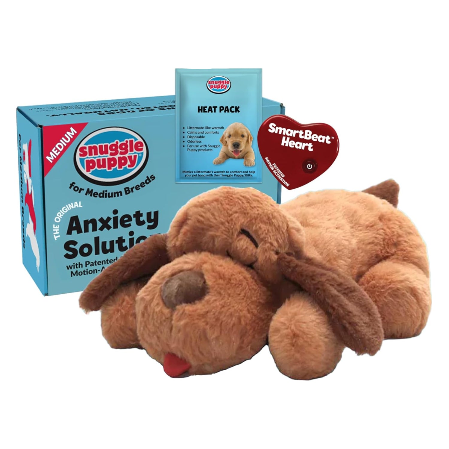 Snuggle Puppy plush toy with heartbeat and heat pack, designed for dogs, featuring soft fabric and realistic pulse for comfort.