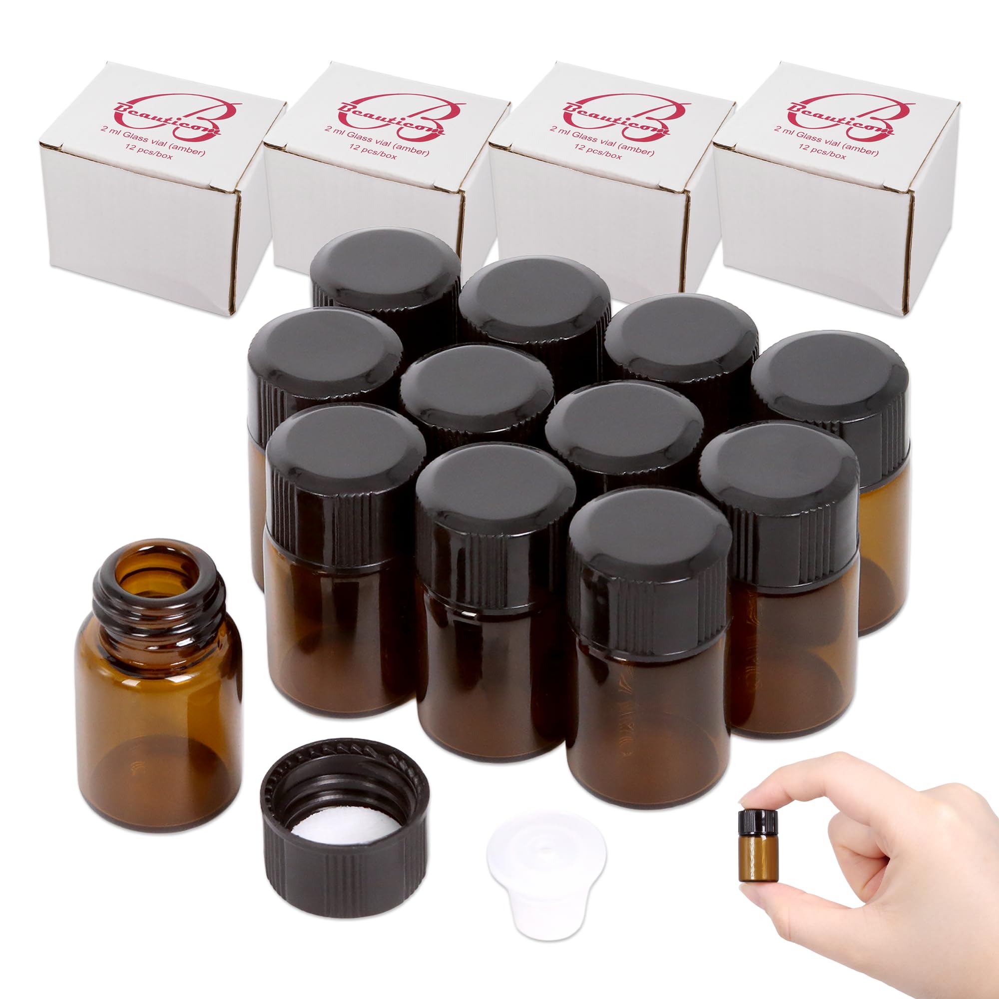 Beauticom 2ML Amber Glass Vial 60 Pieces with Orifice Reducer - Product Imagery