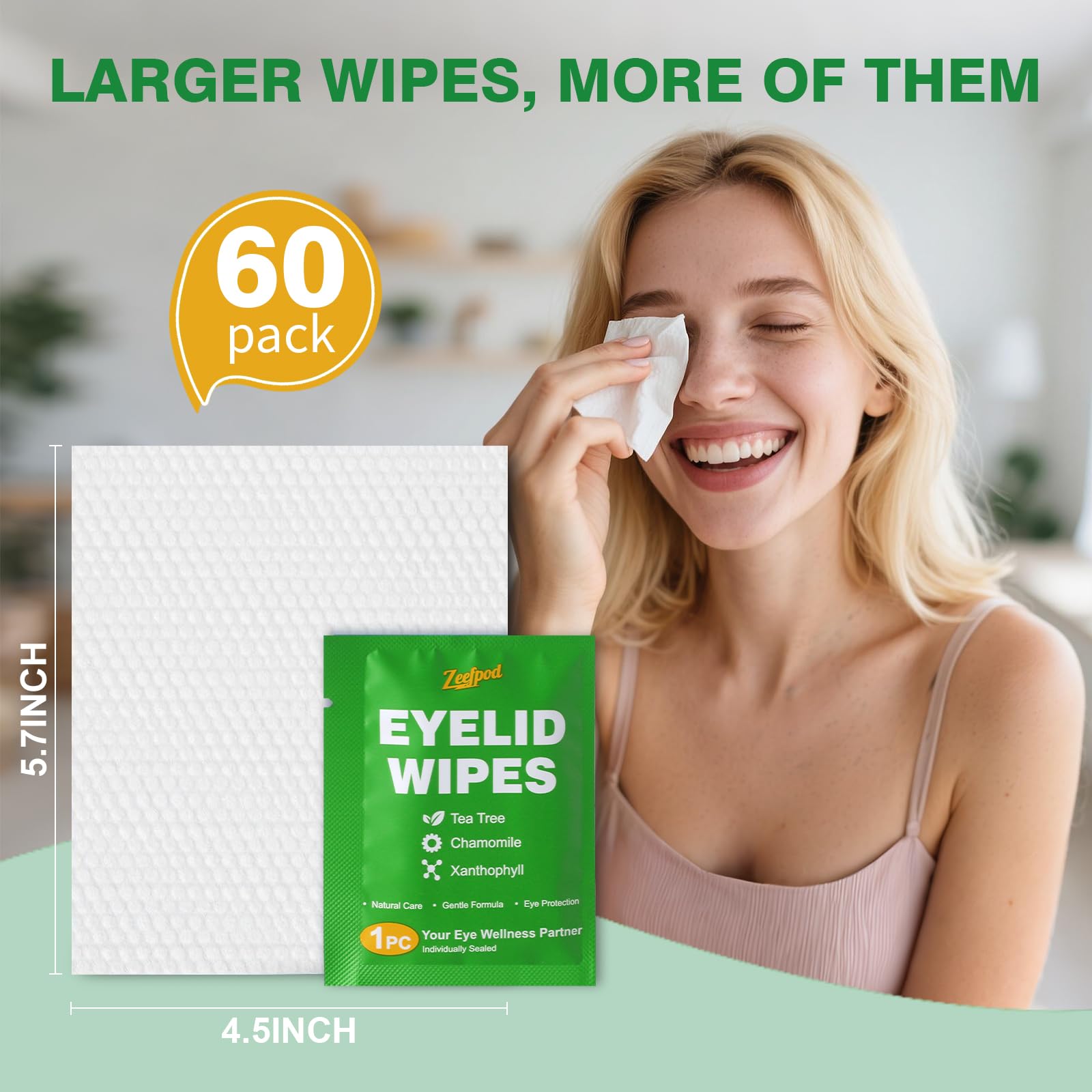 60PCS Tea Tree Oil Eyelid Wipes Individually Wrapped Eye Lid - Zeefpod Official Product Imagery - 6