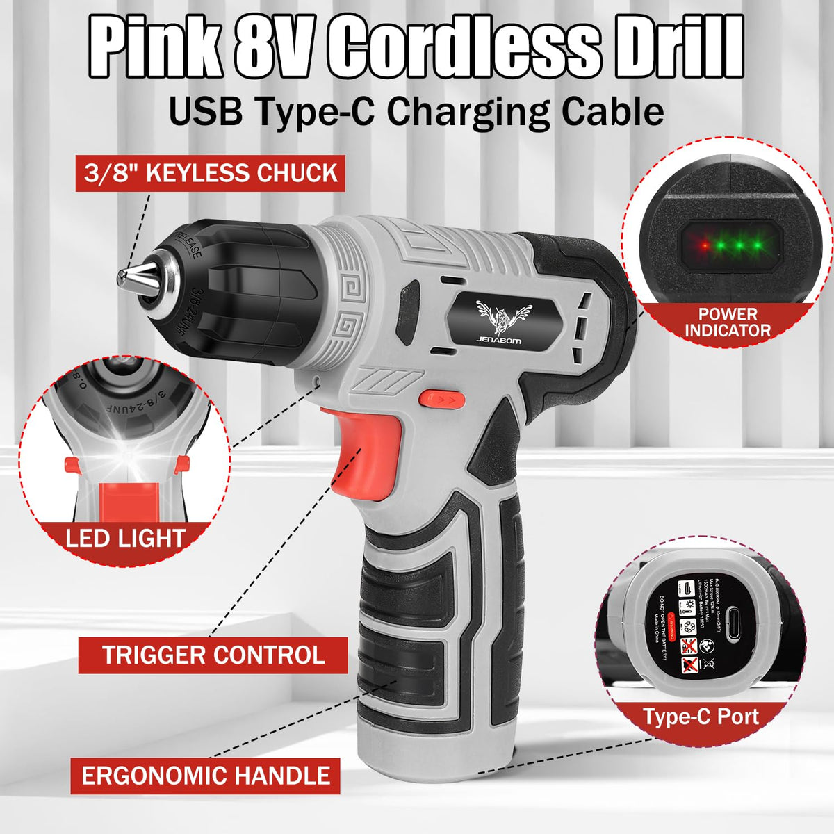 Tool Set 146 Piece Home Tool Kit with 8V Cordless Drill - JENABOM Official Imagery - 5