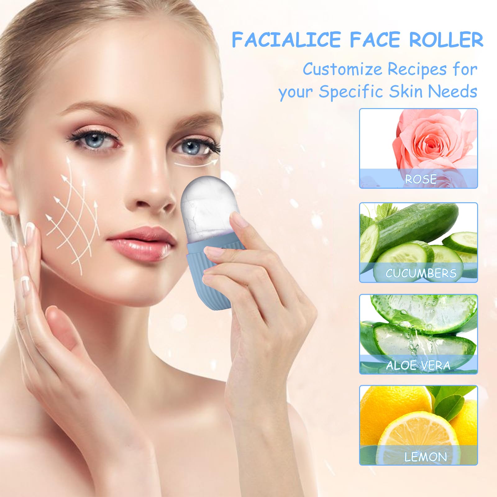 WBHLMZIR 3-pack ice roller for face, de-puffing and soothing skin, shown with ice rollers and skincare accessories.