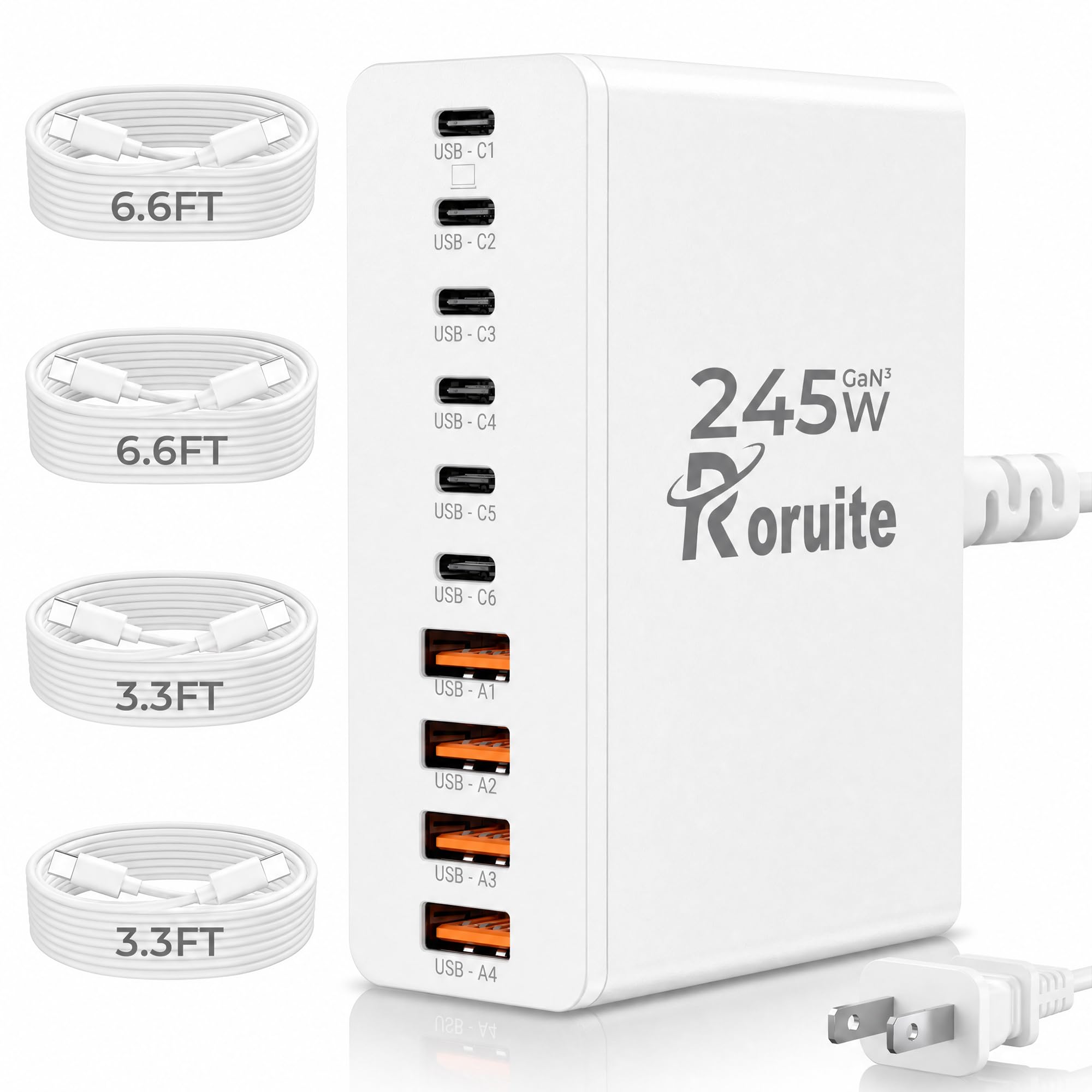 Roruite USB C Charging Station 10 Port with 4 Cables,245W GaN Cha by Roruite - Angle View 7