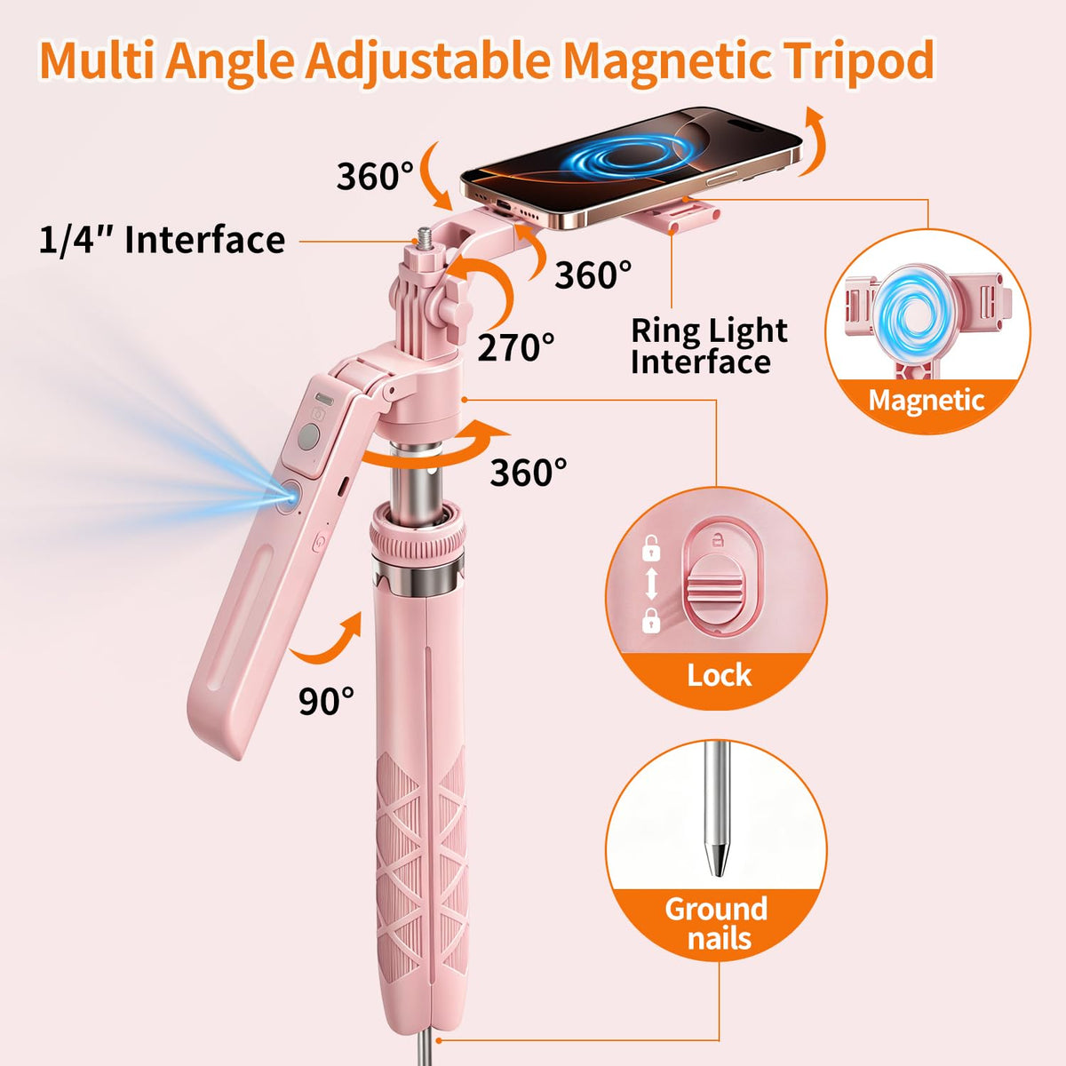 Pink Magnetic Auto Face Tracking Tripod with Light for - Stjiatu Official Imagery - 8