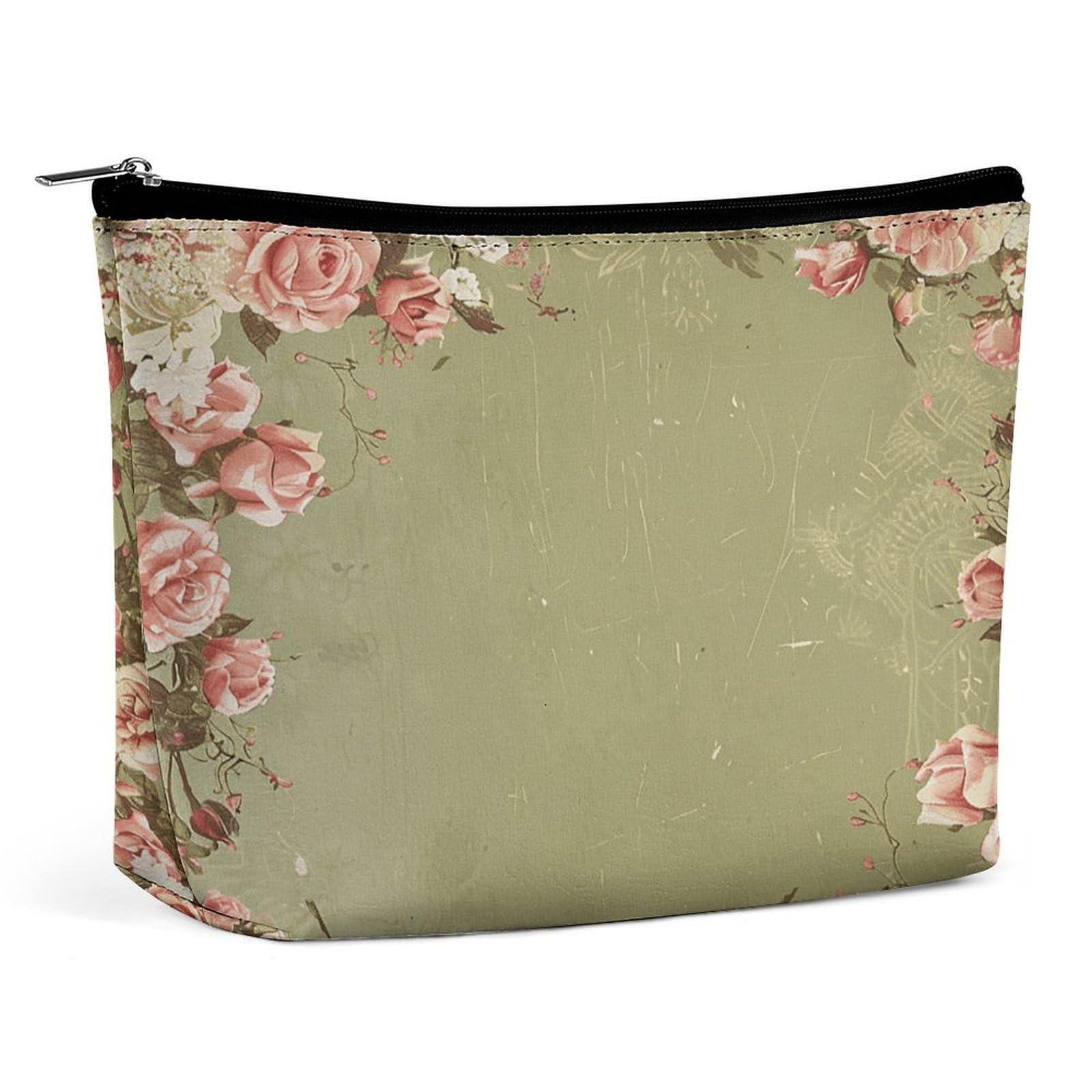 LYDSKGEQ Vintage Scrapbook Rose Makeup Bag Wide-Open Travel Bag Organizer for Toiletry Make Up Cosmetic Waterproof Portable Zipper Pouch Purse Lightweight Small Makeupbag Gift for Women Girl