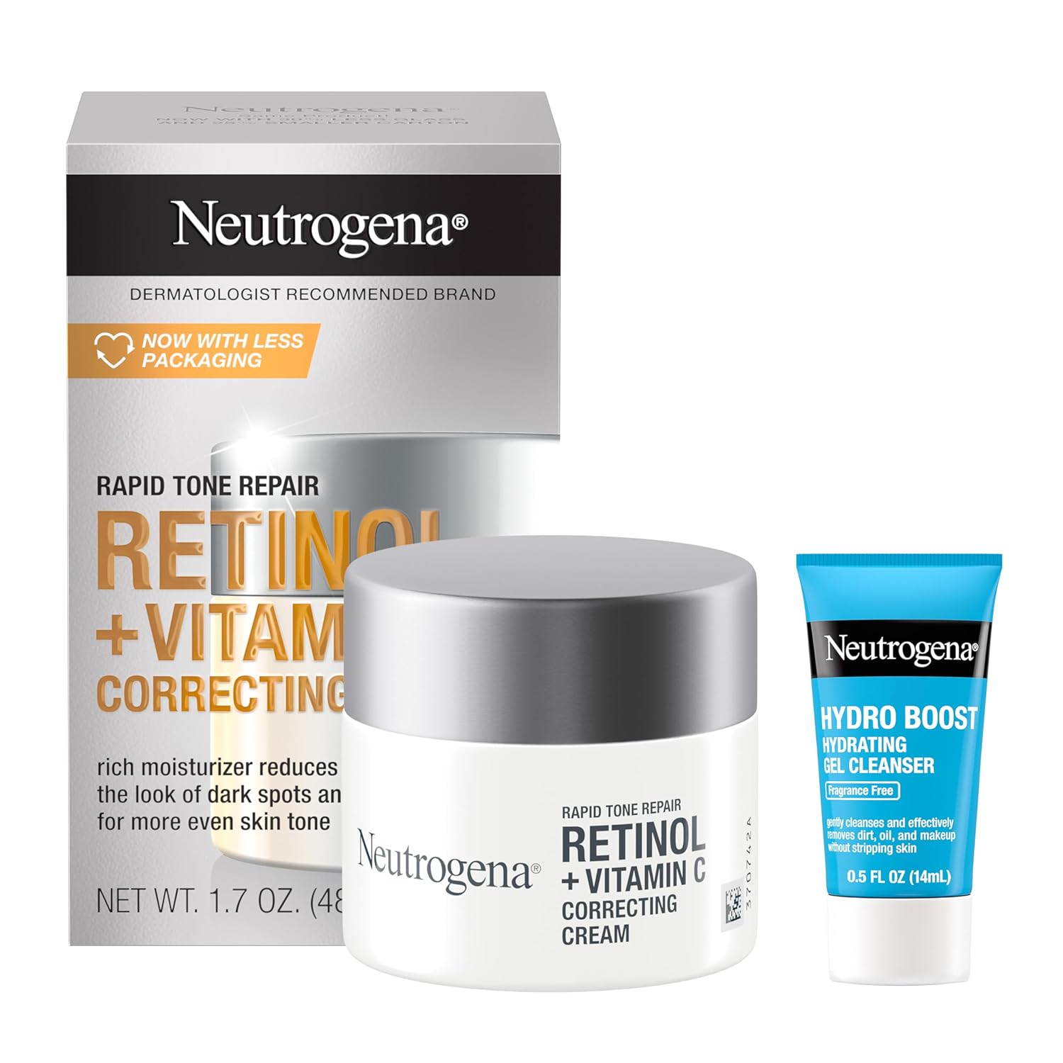 Neutrogena Rapid Tone Repair moisturizer with retinol and vitamin C, featuring a sleek white jar for dark spot correction and skin brightening.