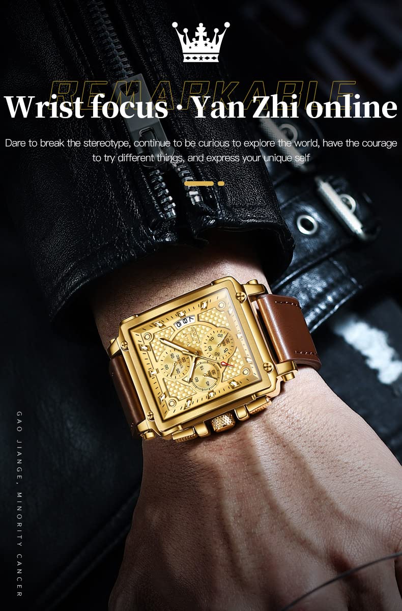 OLEVS Men's Square Chronograph Watch Brown Leather Gold Dial