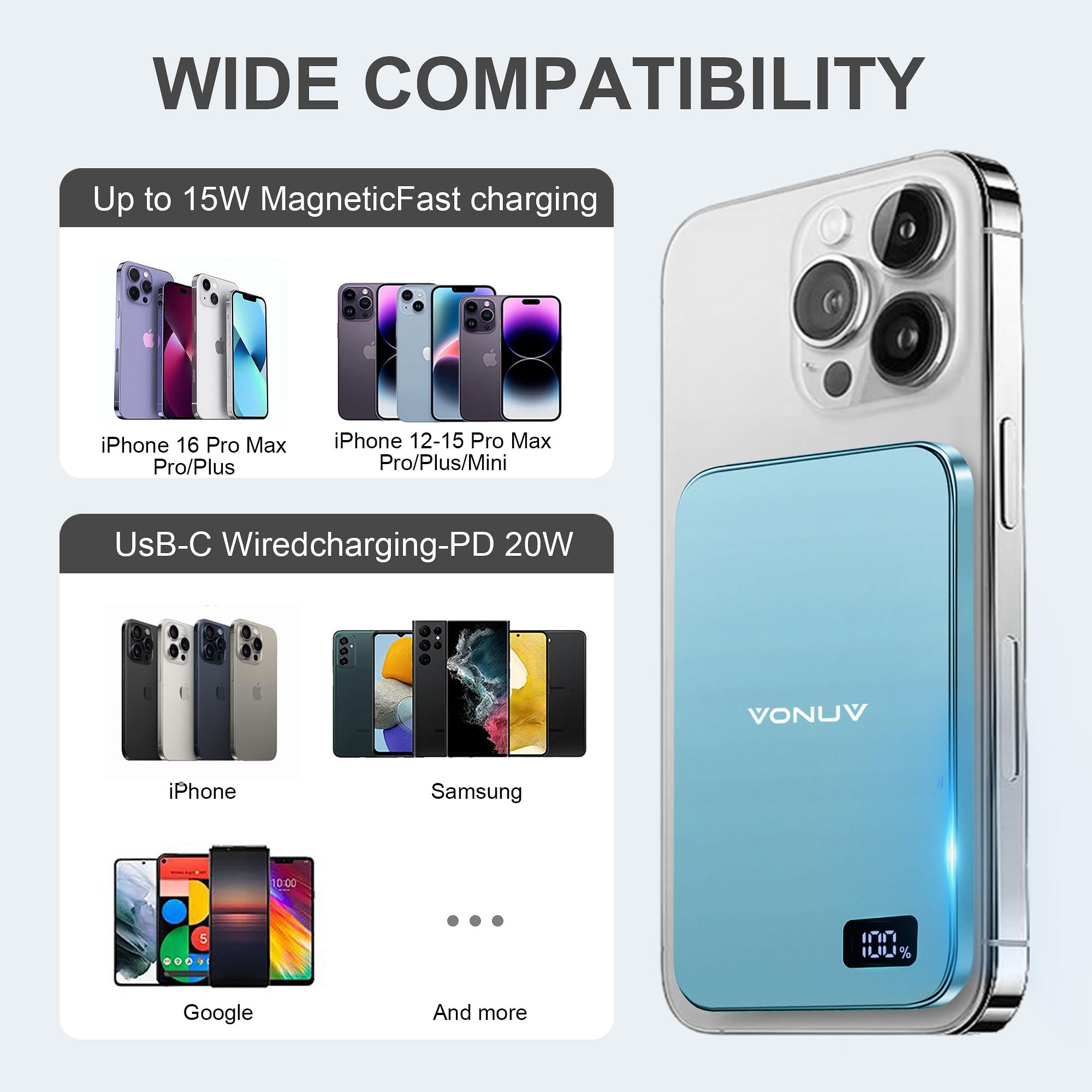 VONUV Magnetic Portable Charger 5000mAh, 15W Ultra Slim Wireless Portable Charge - VONUV Official Product View 5