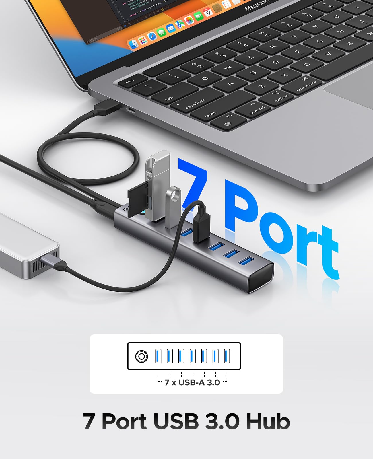 ORICO 7-port USB 3.0 hub with aluminum body and 1.64ft cable, connects multiple devices like flash drives and external hard drives.