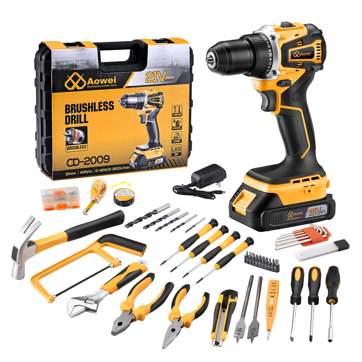 Yellow 21V Cordless Drill Brushless Motor Tool Kit Set - AOWEI Official Imagery - 1