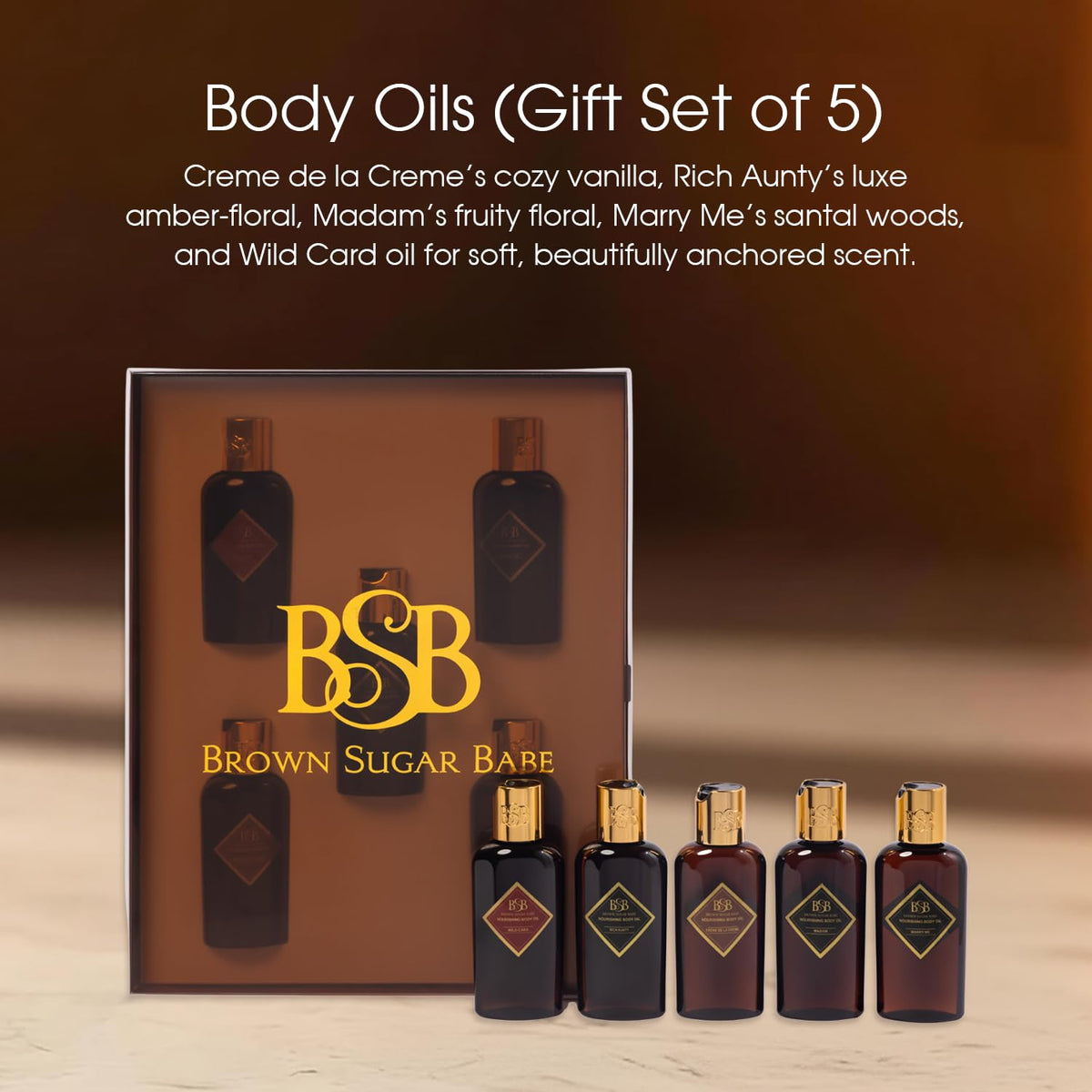 Body Oil Gift Set Five Scents are Creme De La Creme Wild - Brown Sugar Babe Official Imagery - 3