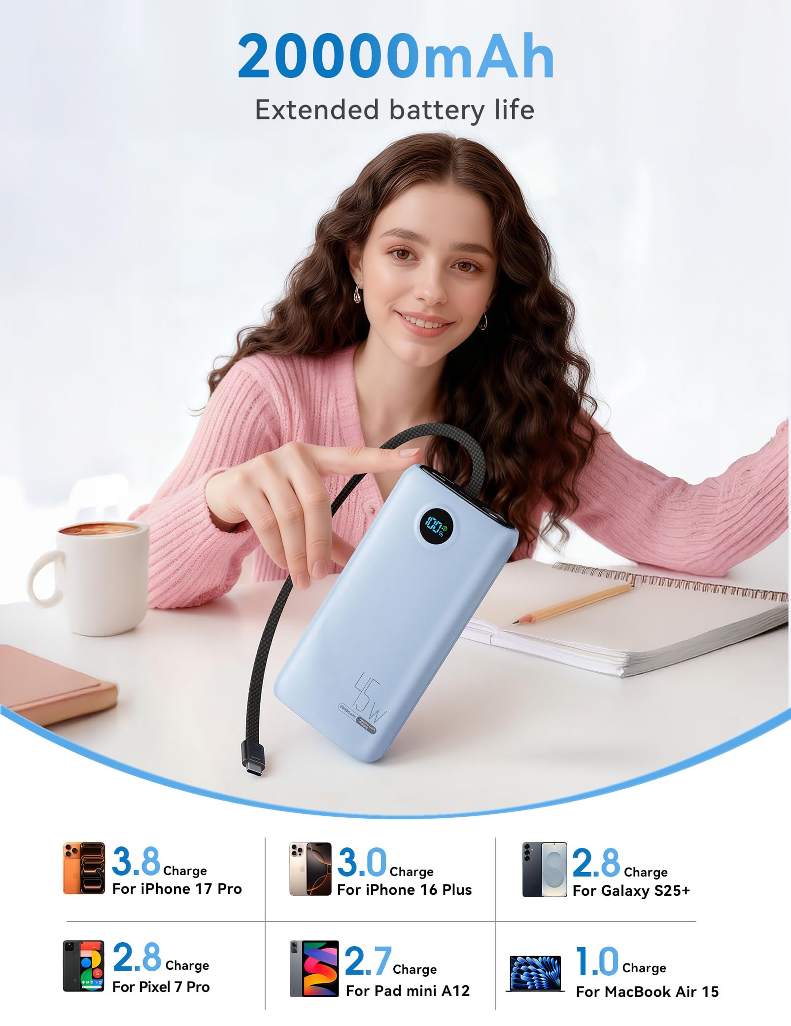 Portable Charger 20000mAh 45W Built in USB C Cable 3W - DIAMUAR Official Imagery - 4