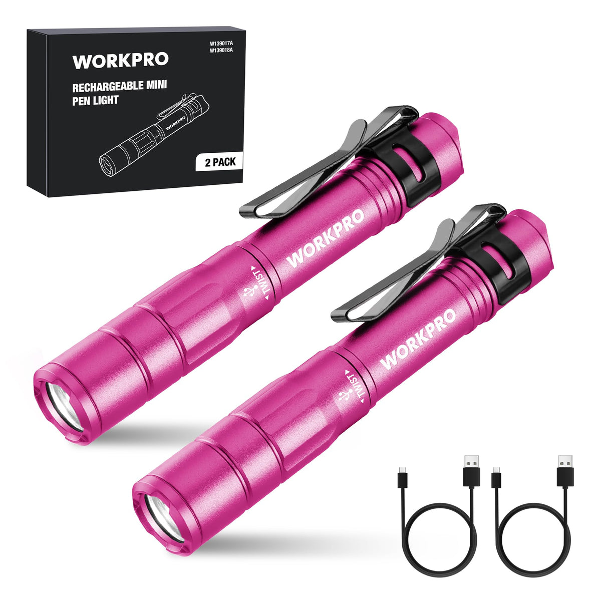 WORKPRO Rechargeable Pen Light 2 Pack Mini Flashlight Pink - WORKPRO Official Imagery - 2