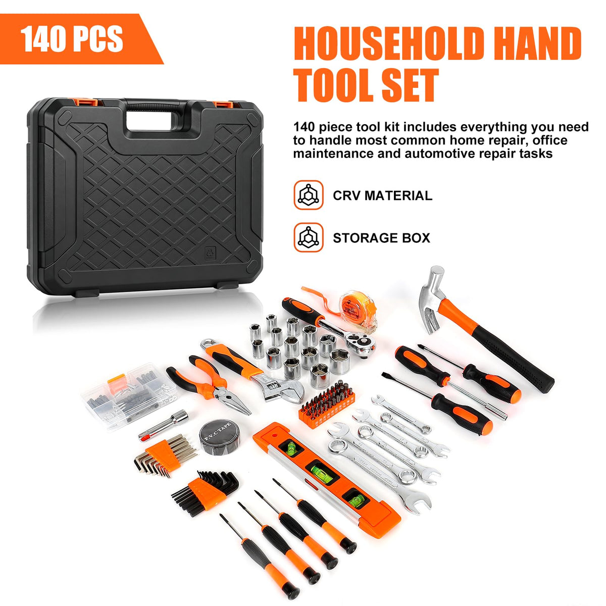 140PCS Home Hand Tool Kit with Storage Tool Box - JENABOM Official Imagery - 3