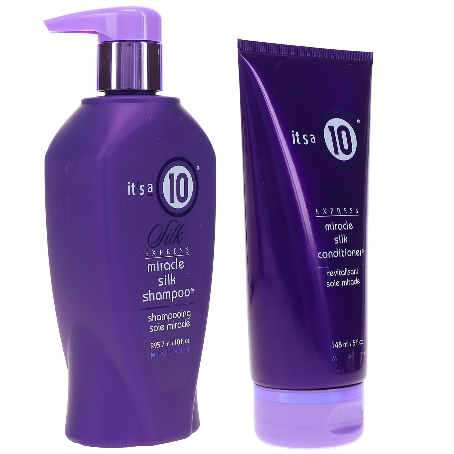 It's a 10 Haircare Miracle Silk Shampoo and Conditioner set, featuring 10 oz shampoo and 5 oz conditioner bottles with sleek packaging.