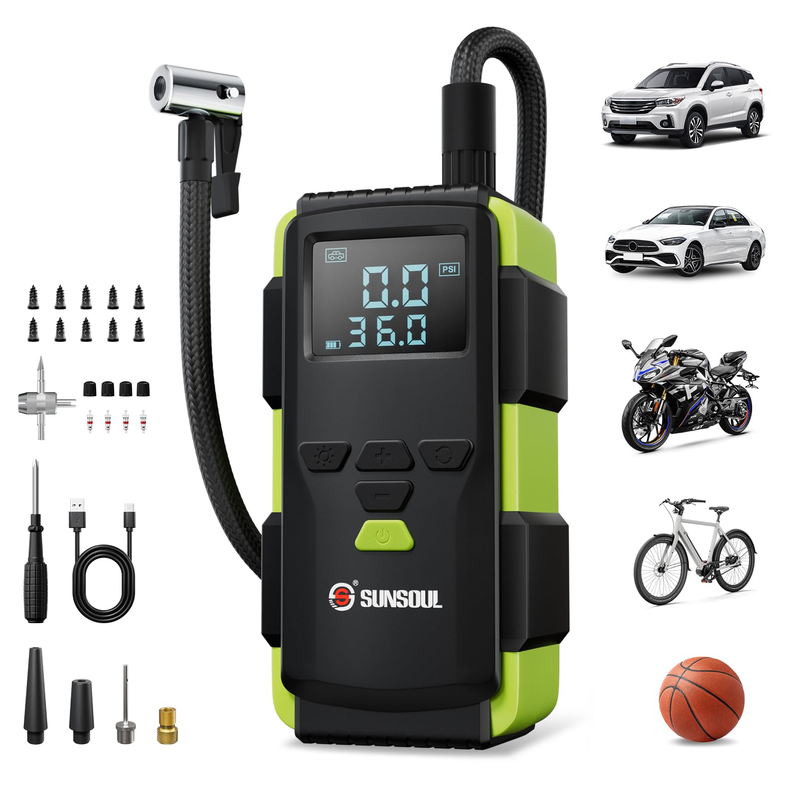 SUNSOUL Tire Inflator Portable Air Compressor with Tire Repair Ki - SUNSOUL Official Product View 1