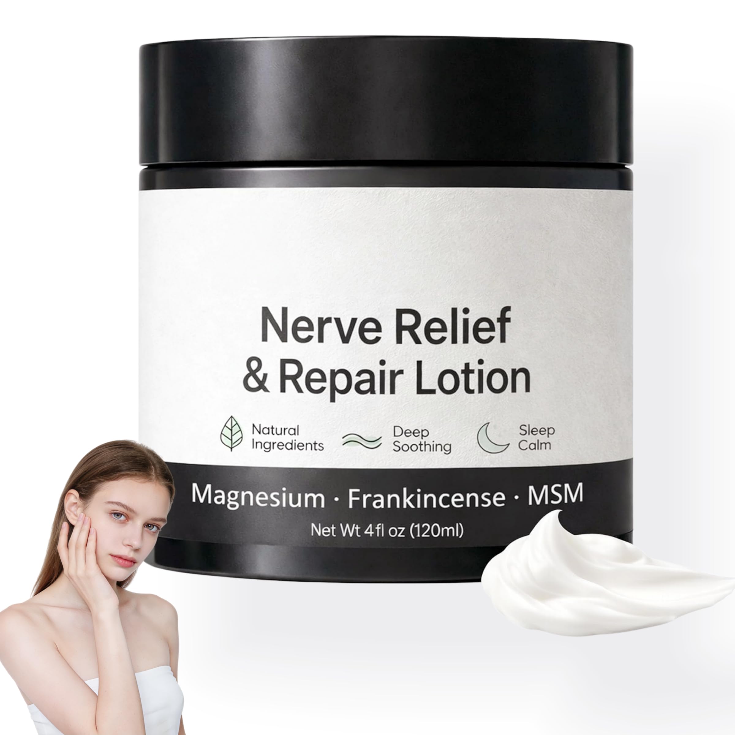 Cream container labeled Nerve Cream Neuropathy Lotion with arnica and magnesium, 4oz, for skin moisturizing and nerve relief.