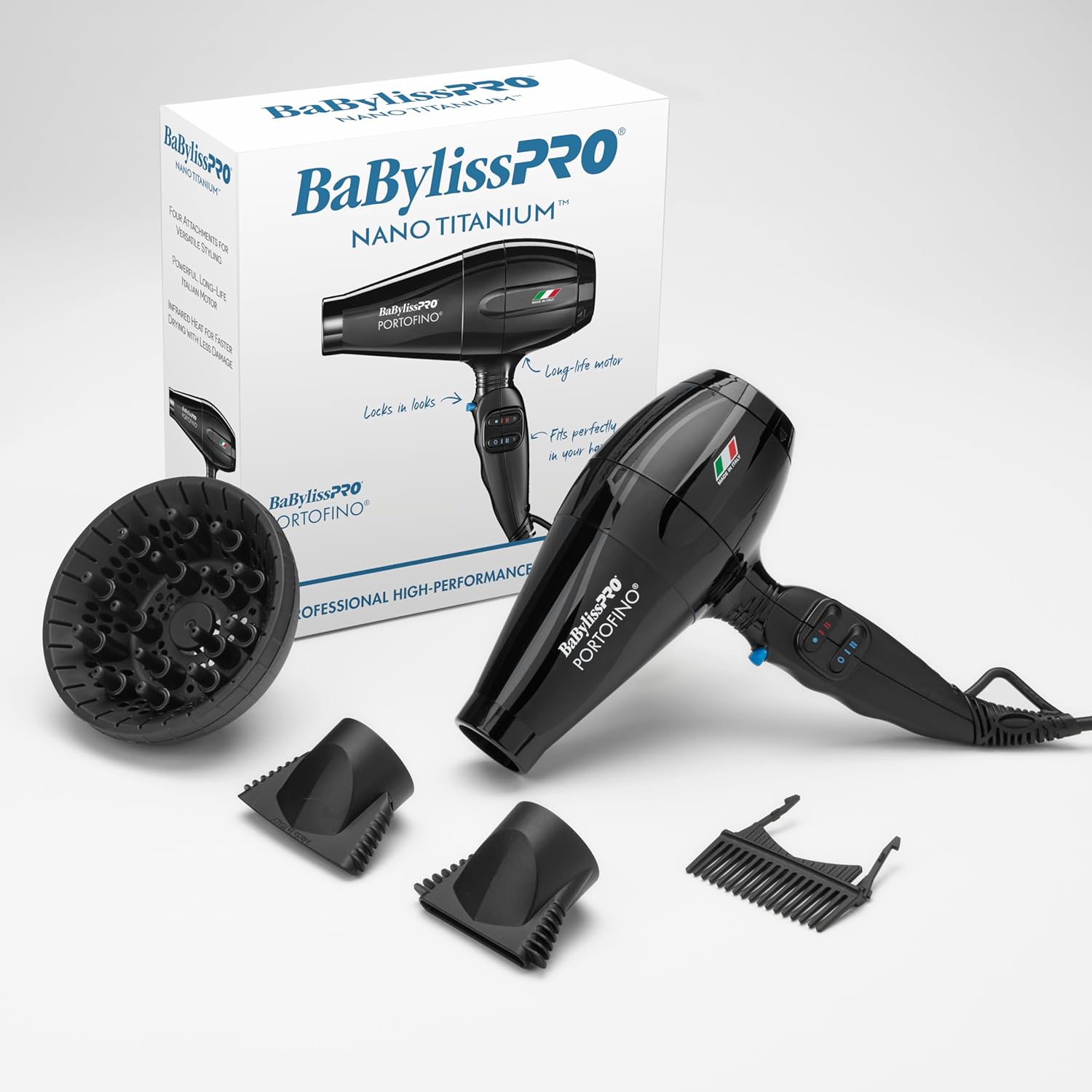 Elefair BaBylissPRO Nano Titanium Italian Portofino hair dryer with 2000W professional blow dryer, sleek design and ergonomic handle