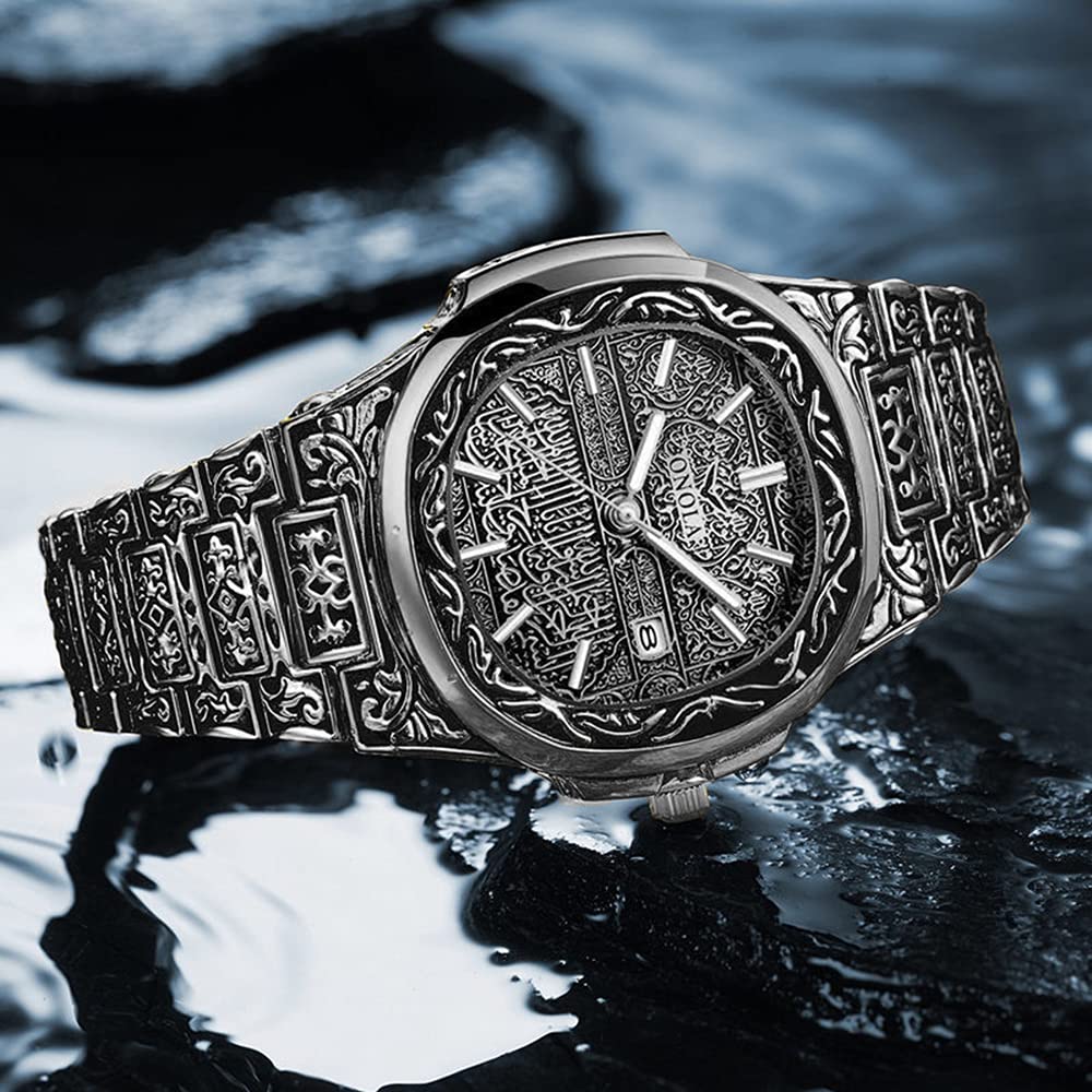HUNRUY Retro Carved Men's Quartz Watch – Silver
