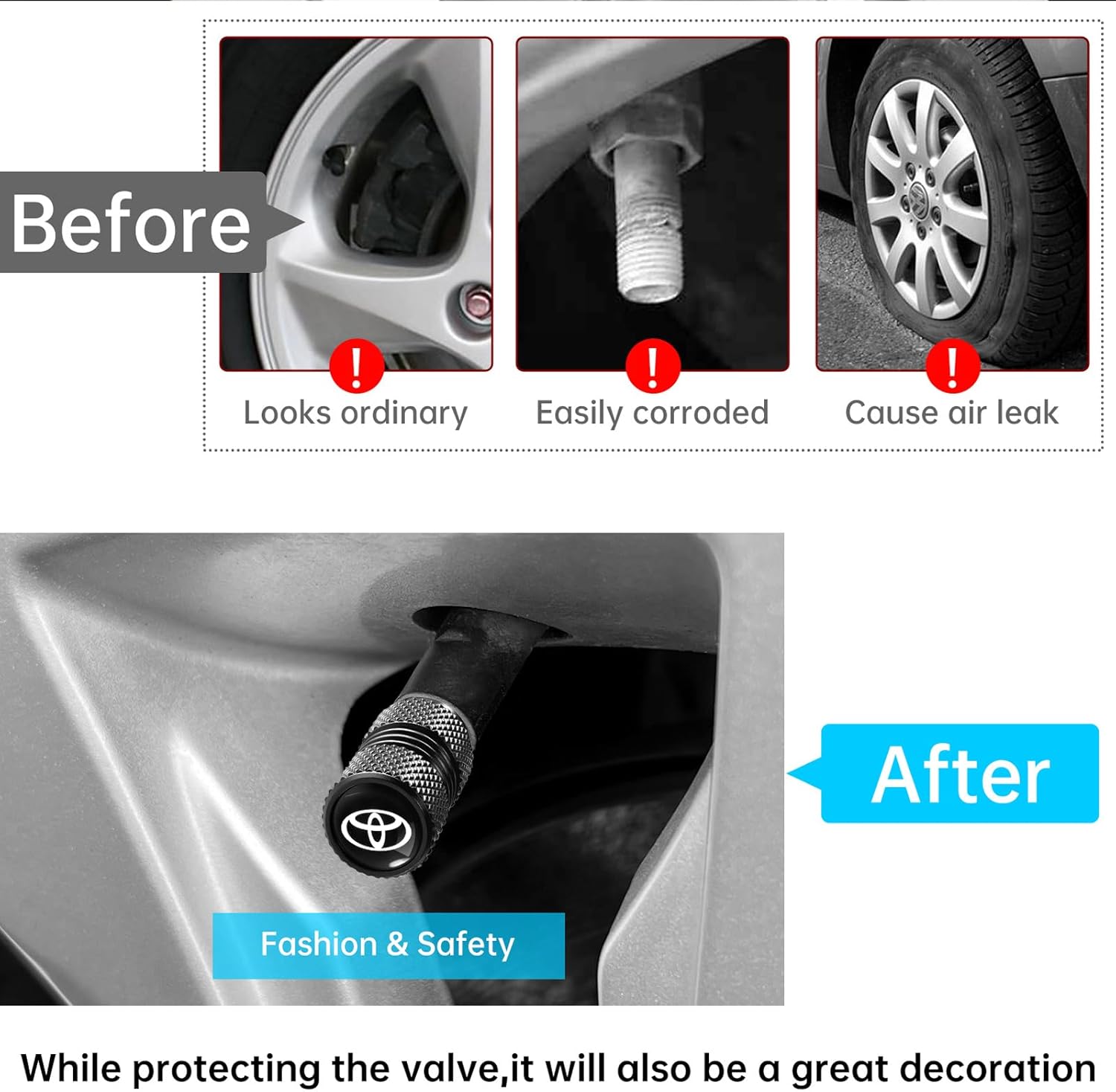 Set of four black tire valve stem cap covers with O-ring seals for Toyota, corrosion-resistant car accessories by Xpress Sports