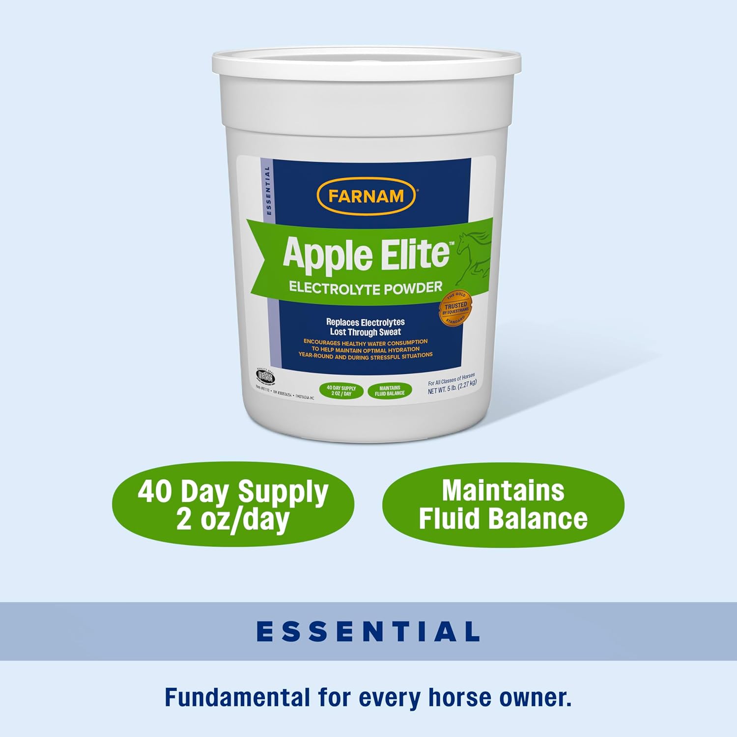 Farnam Apple Elite Horse Electrolytes Powder supplement, 5 lb bag, showing the product packaging and scoop for vital mineral replacement