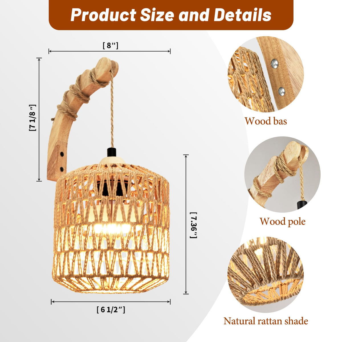 Boho Woven Rattan Cordless Wall Sconce Set of Two Natural - NOVCAND Official Imagery - 4