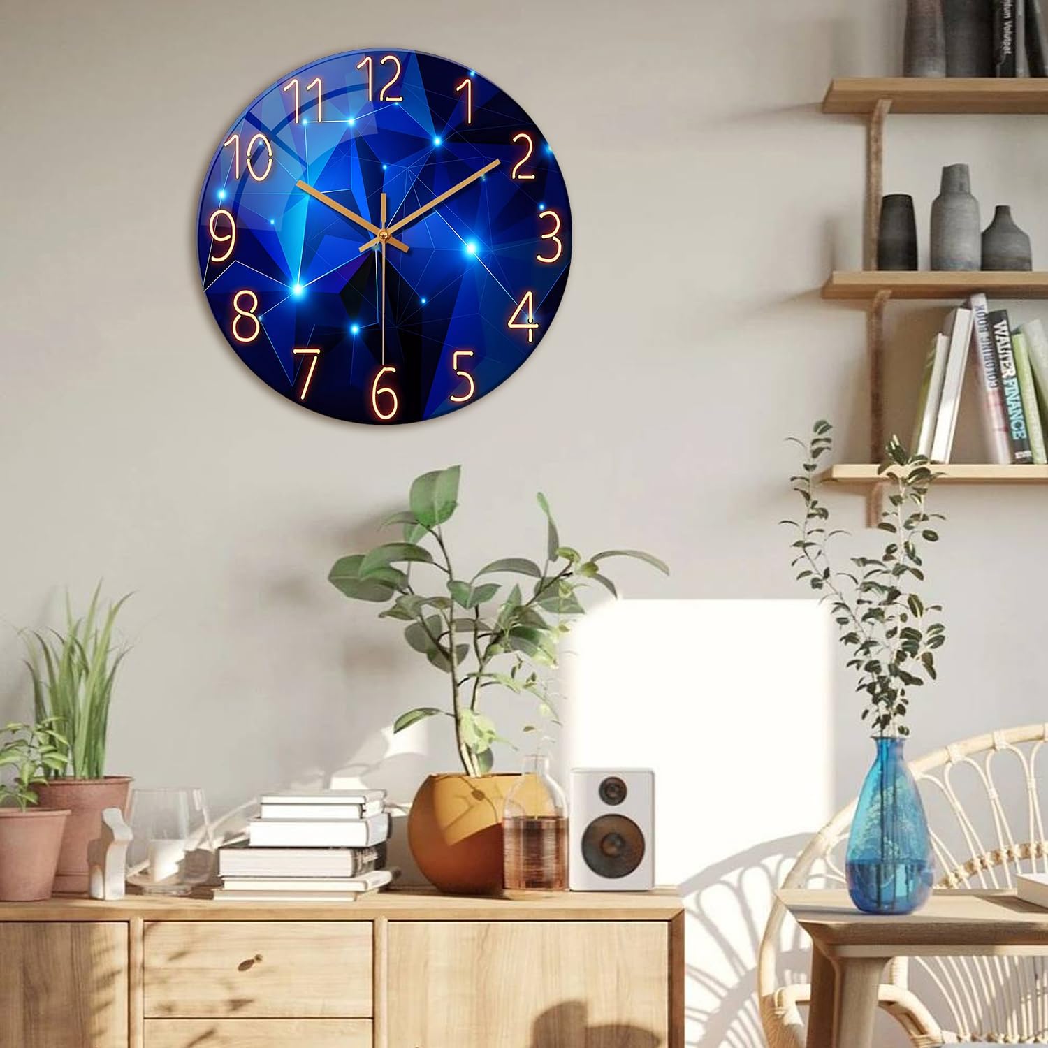 Blue round wall clock by Constantplanet with a glass face, 12-inch size, suitable for living room or kitchen decor.