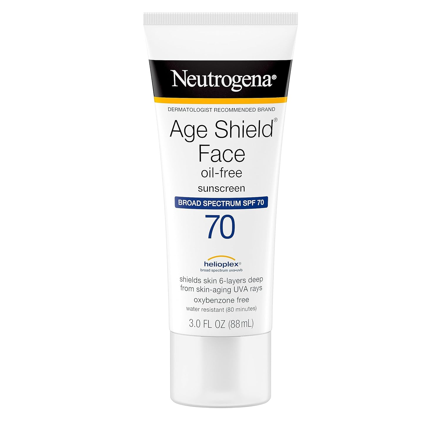 Neutrogena Age Shield face oil-free sunscreen lotion bottles in a pack of three, with SPF protection and lightweight formula.