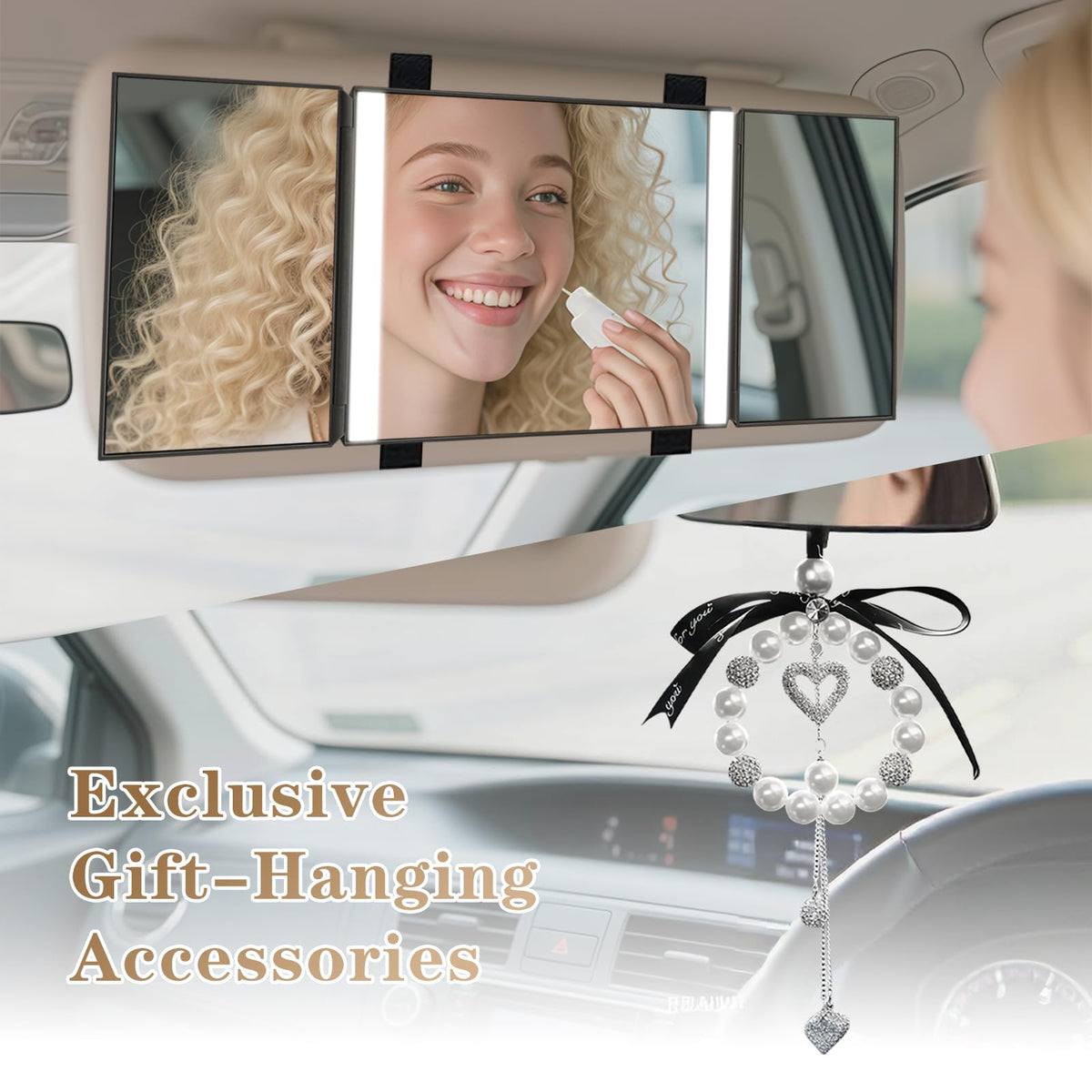Car Vanity Mirror Sun Visor Mirror with Light with Car Charm - BLOOMINIQUE Official Imagery - 5