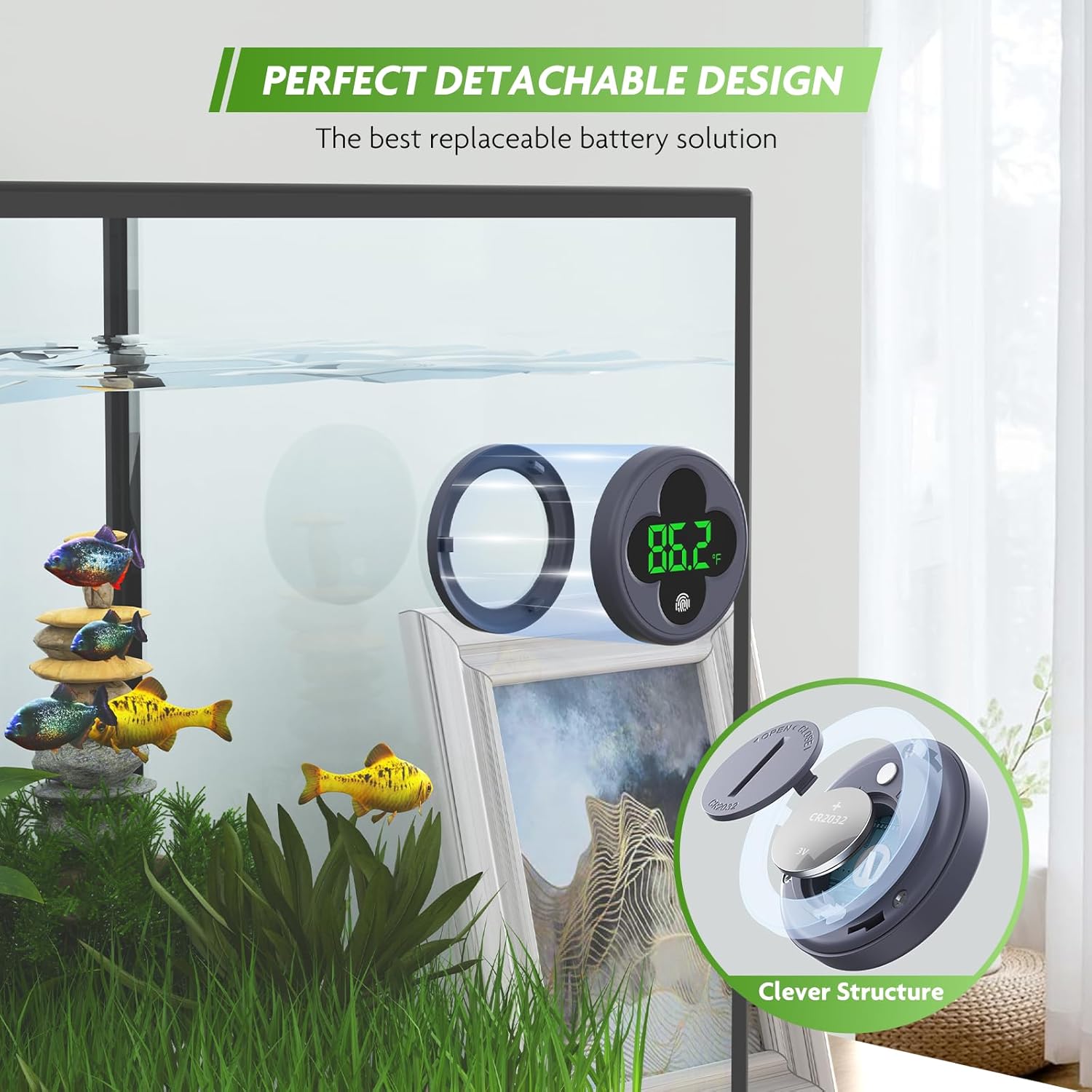 Digital PAIZOO aquarium thermometer with LED display and wireless design, used for monitoring fish tank water temperature.