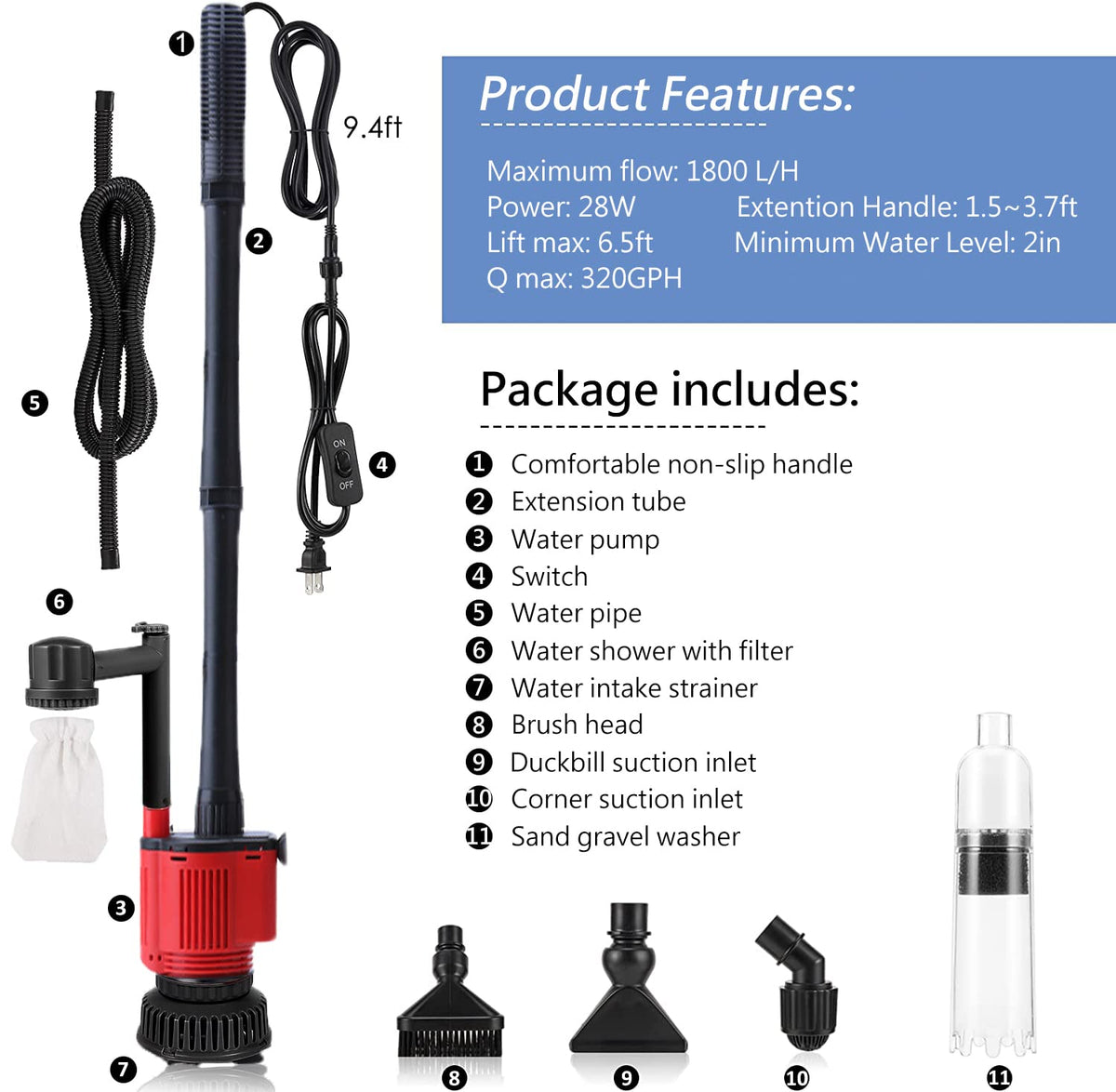 Aquarium Gravel Cleaner Siphon Kit 6 in 1 Automatic Fish - Carzos Official Imagery - 6