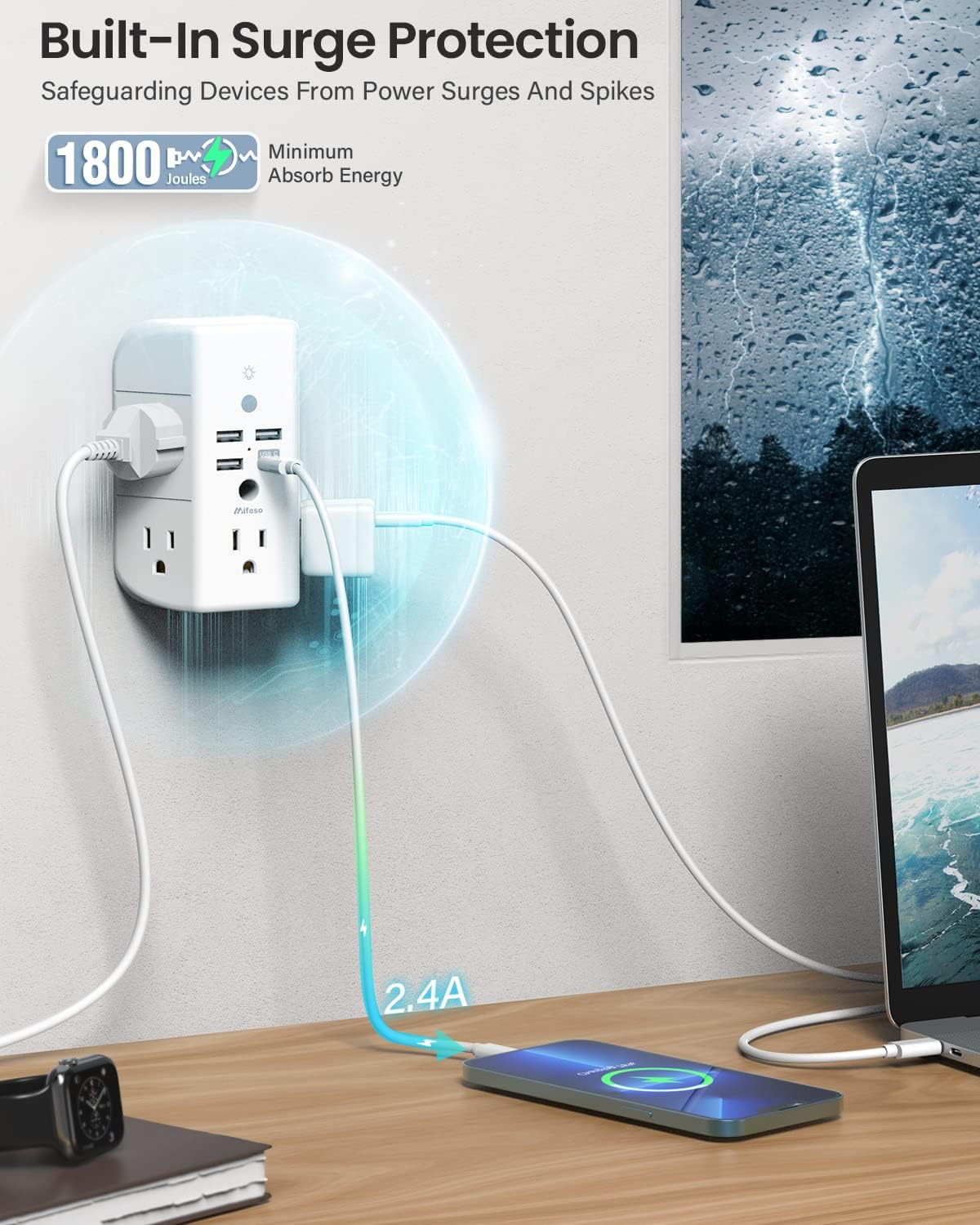 Mifaso Outlet Extender with Shelf and Night Light, 1800J Surge Pr - Mifaso Official Product View 6