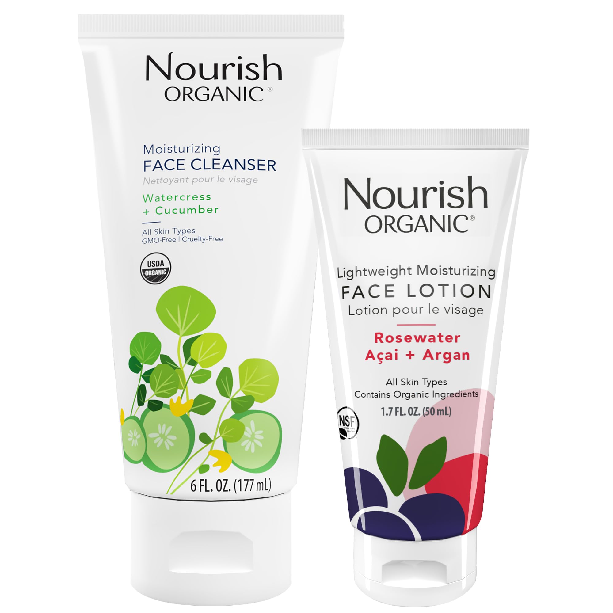 Nourish Organic Face Cleanser + Face Lotion Set – Lightweight, - Nourish Organic