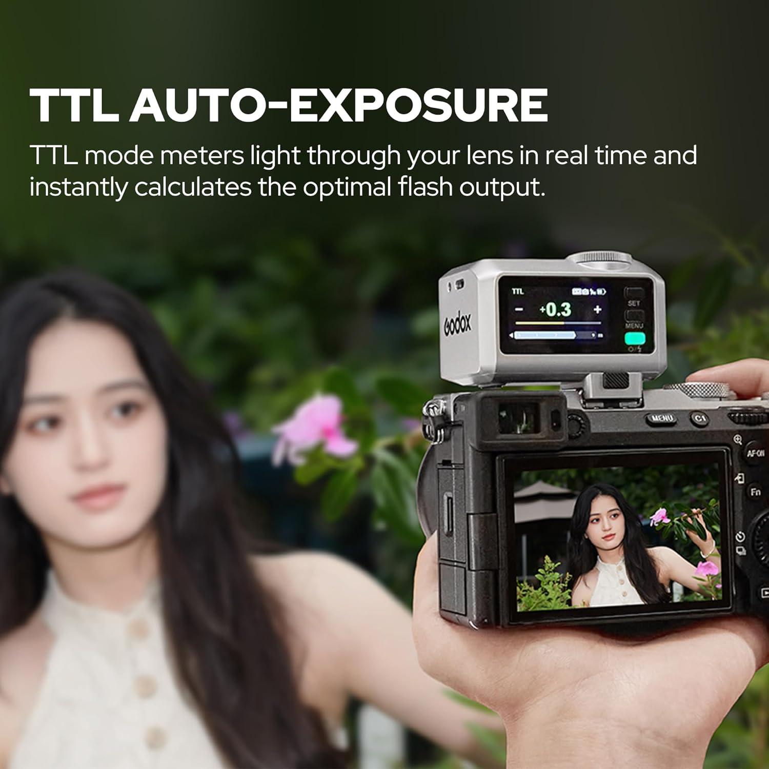 GODOX iT30 Pro F TTL mini wireless camera flash mounted on Fuji camera, showing compact design and control panel.