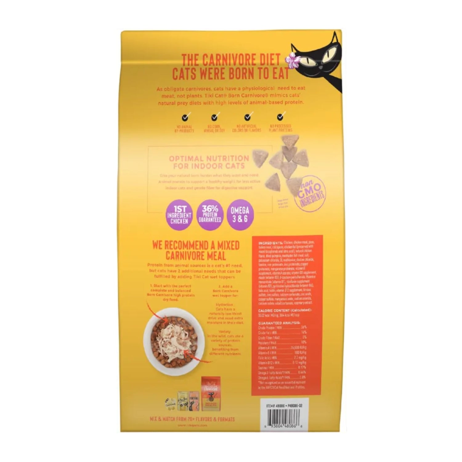 Tiki Cat Born Carnivore indoor dry cat food bag with chicken and turkey meal, 12 lbs, featuring a colorful label and cat images