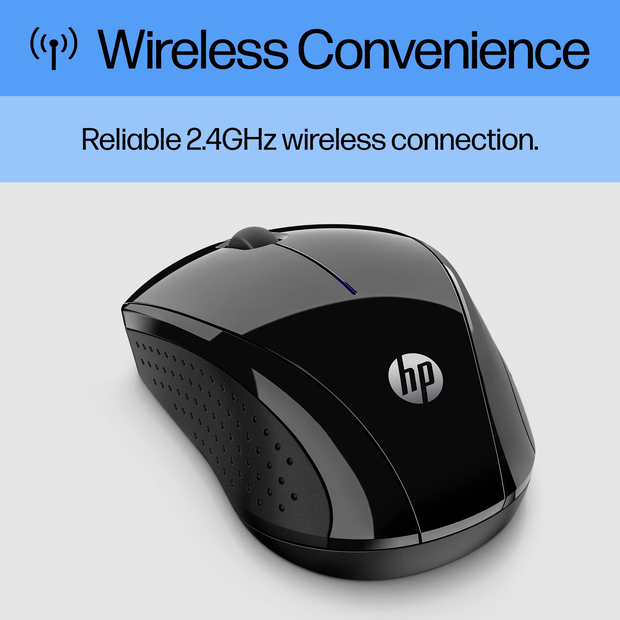 HP X3000 G3 wireless mouse in black with blue LED, 1600 DPI sensor, side grips, travel-friendly design, compatible with PC, Mac, Chromebook