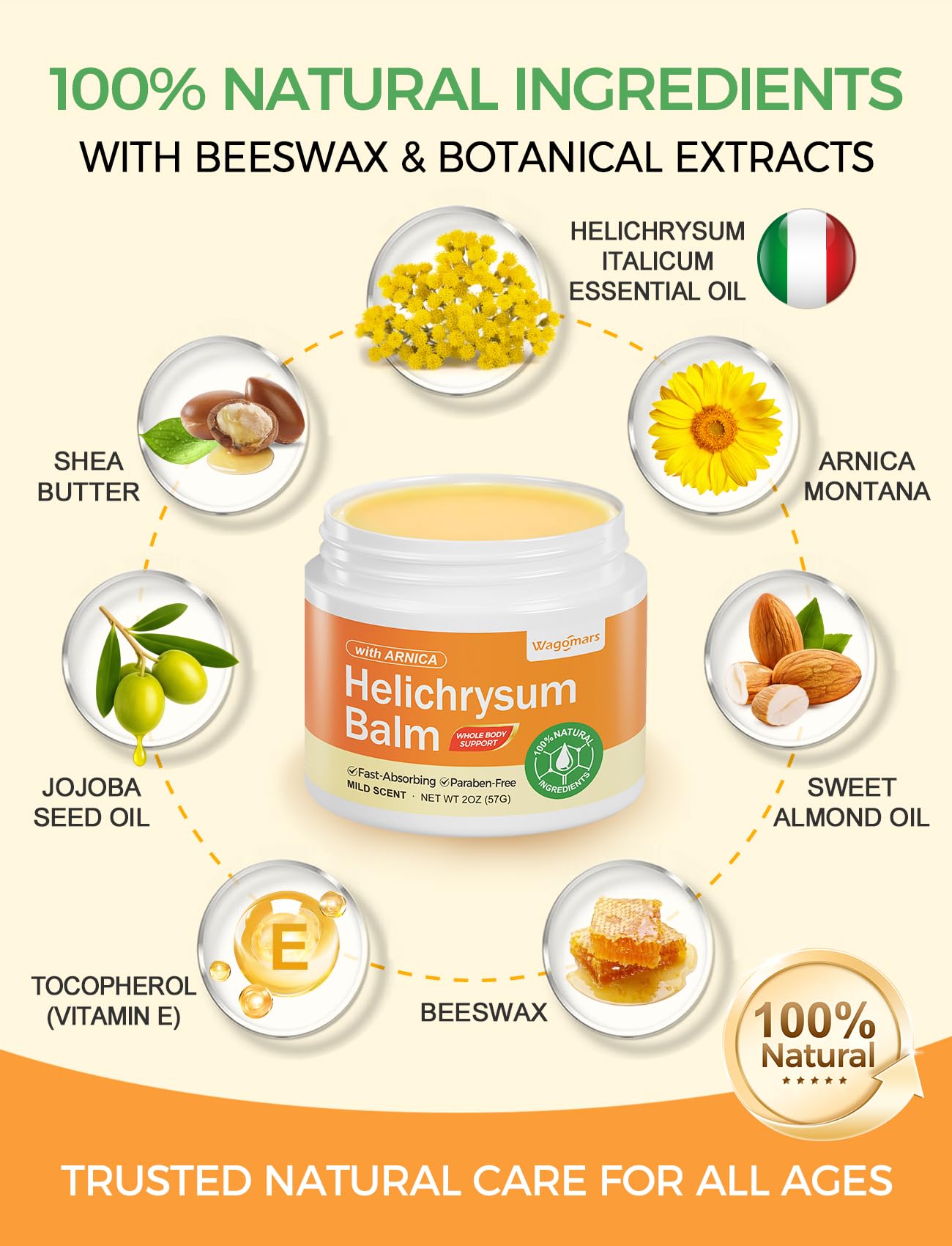 Wagomars Helichrysum Balm for natural skin repair and renewal, featuring a soothing skin care agent in a jar.