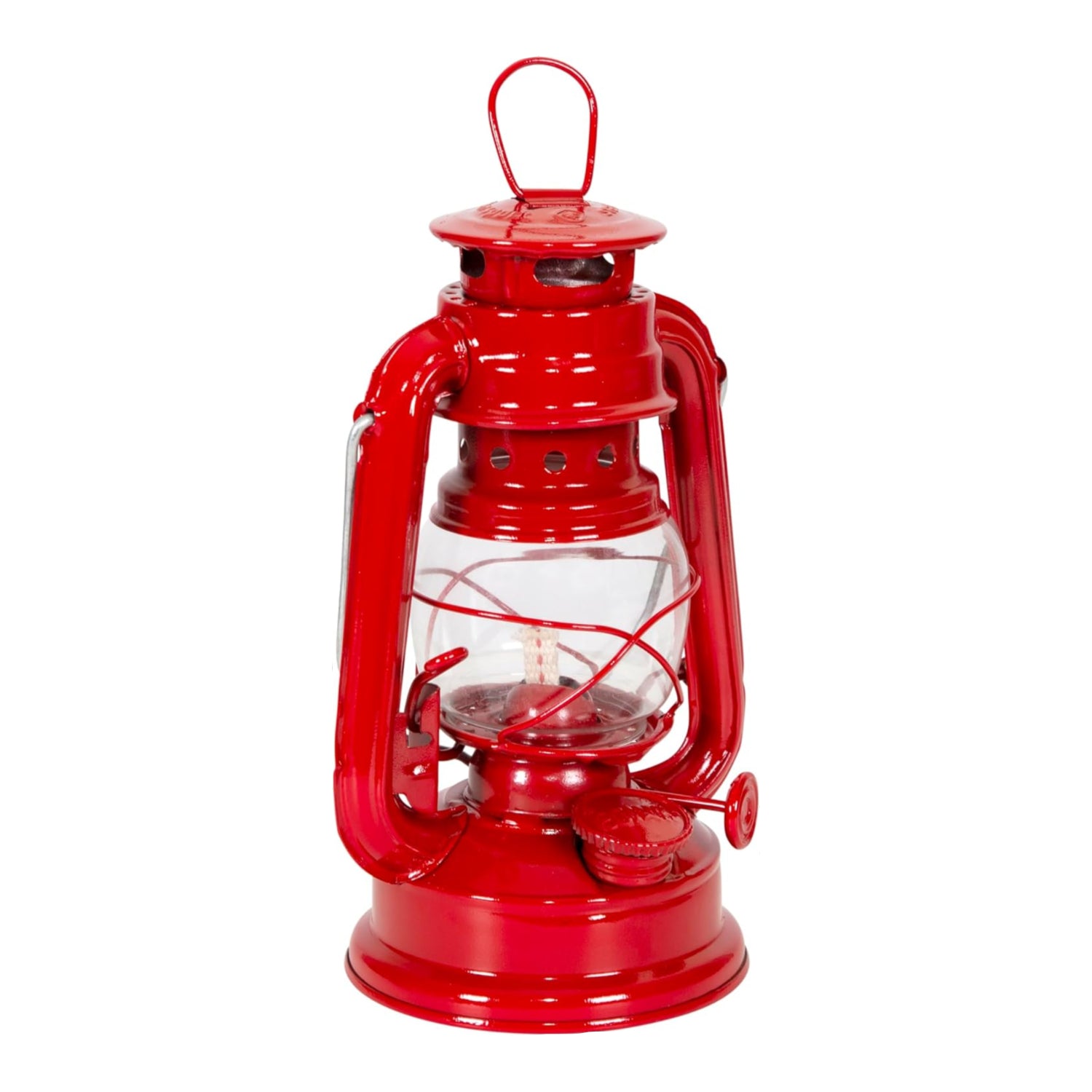 Stansport Hurricane Lantern with metal body and glass chimney, classic kerosene oil lamp for outdoor or emergency lighting.