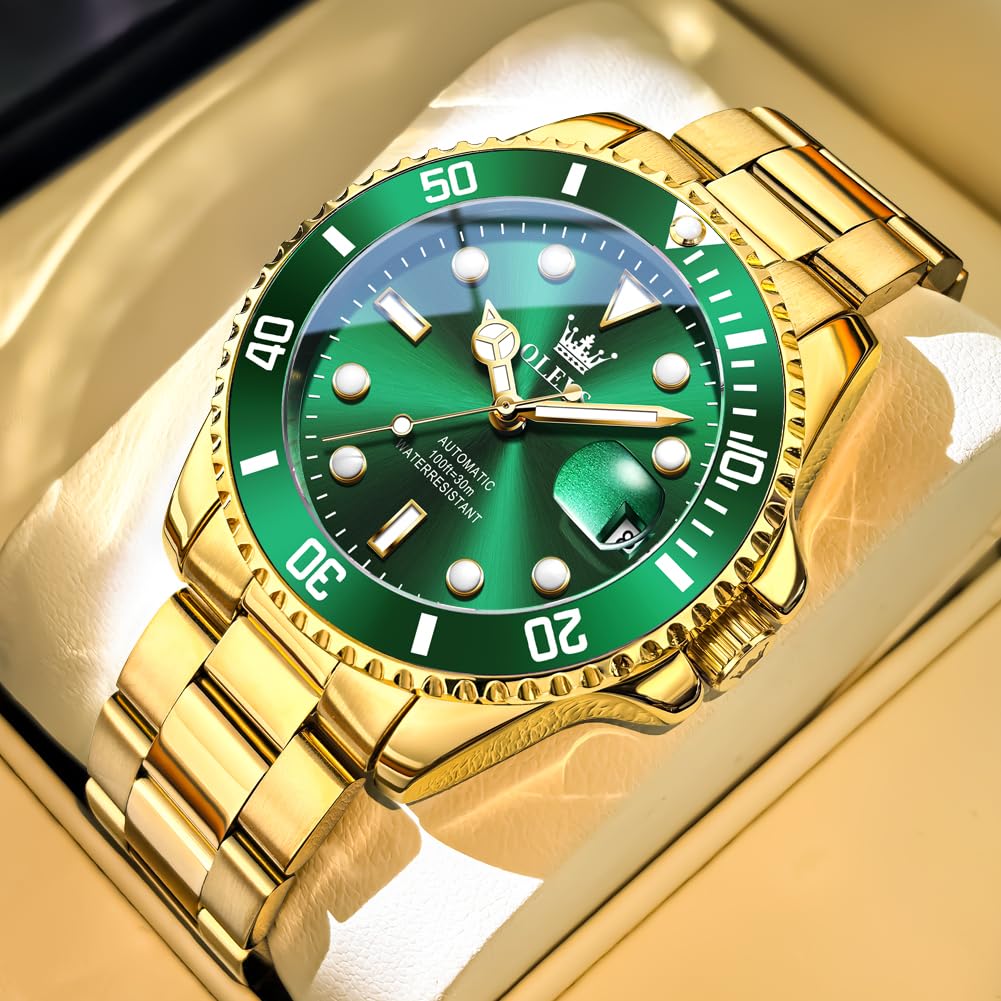 OLEVS Men's Luxury Gold Automatic Watch Green Dial Luminous