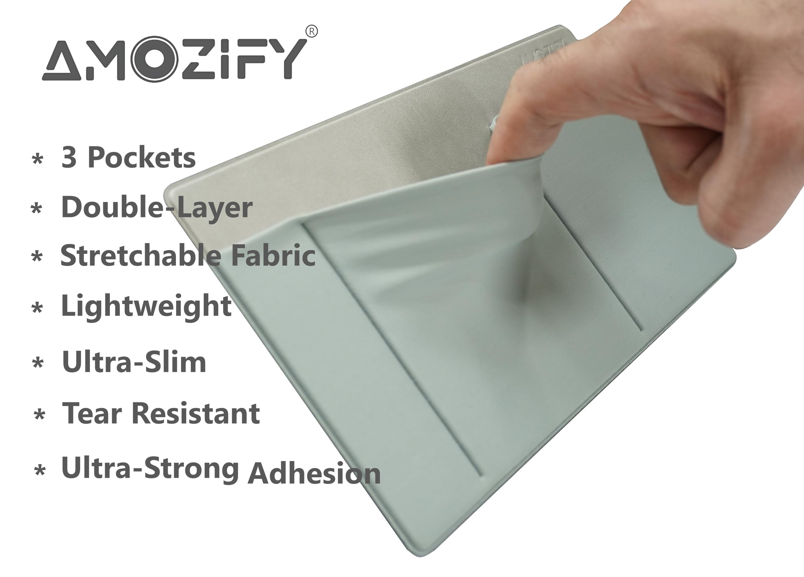 Gray AMOZIFY 3-pocket organizer caddy with mouse holder, adhesive pouch, and SSD storage sleeve for MacBook laptops.