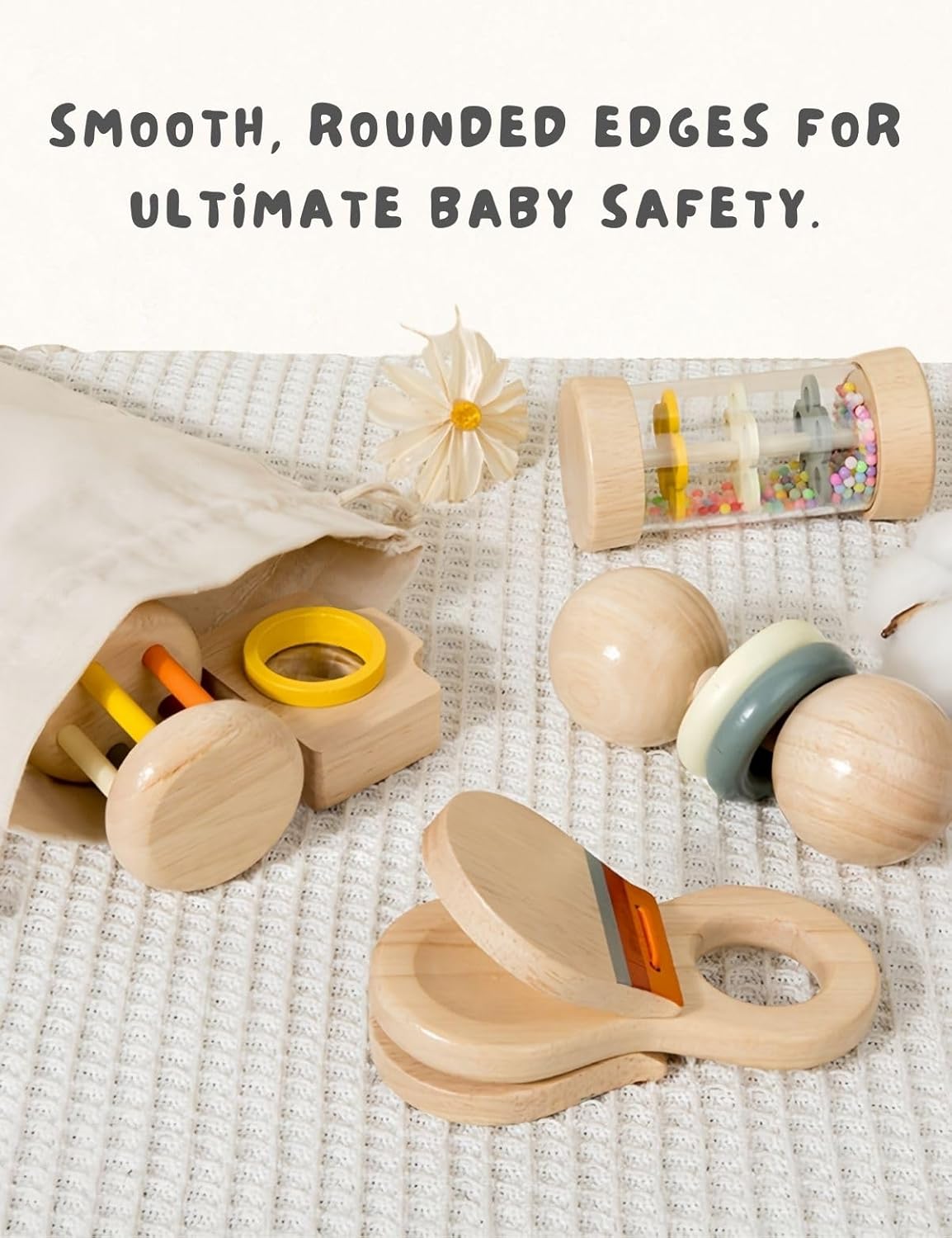 Set of 7 wooden baby toys including rattles and musical instruments by BONOVISTA for infants 0-12 months, natural toddler development toys.