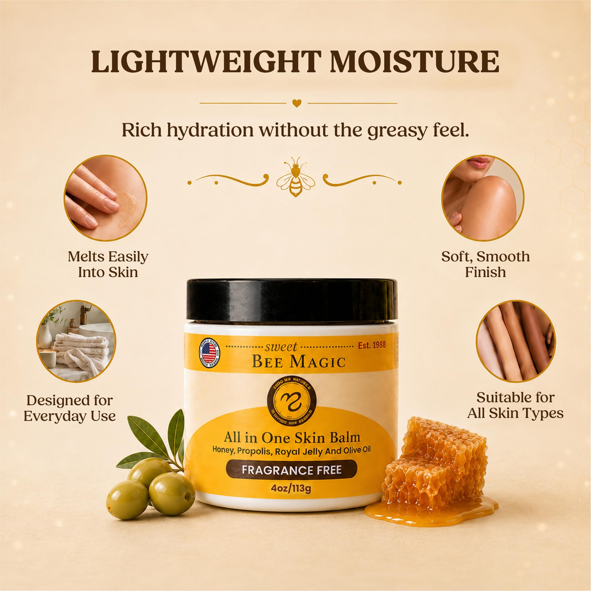 Medicine Mama's Apothecary Sweet Bee Magic Organic Honey Bee Balm for Face, Skin & Body - All in One Honey Balm - Beeswax Body Moisturizer - All Natural Aid - 1 jar (4oz)
