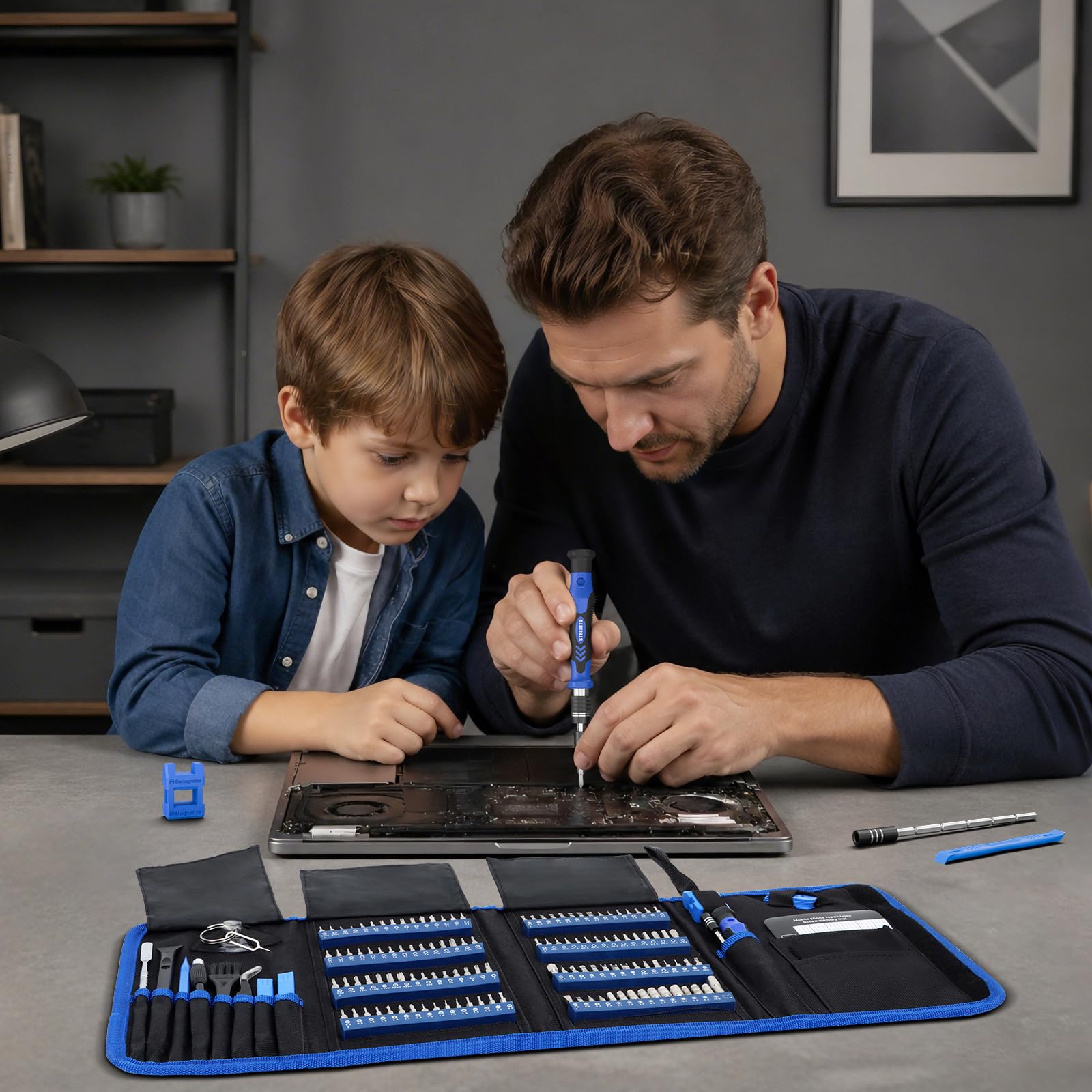 STREBITO 142-piece precision screwdriver set with 120 bits, featuring various screwdrivers and bits for electronics repair.