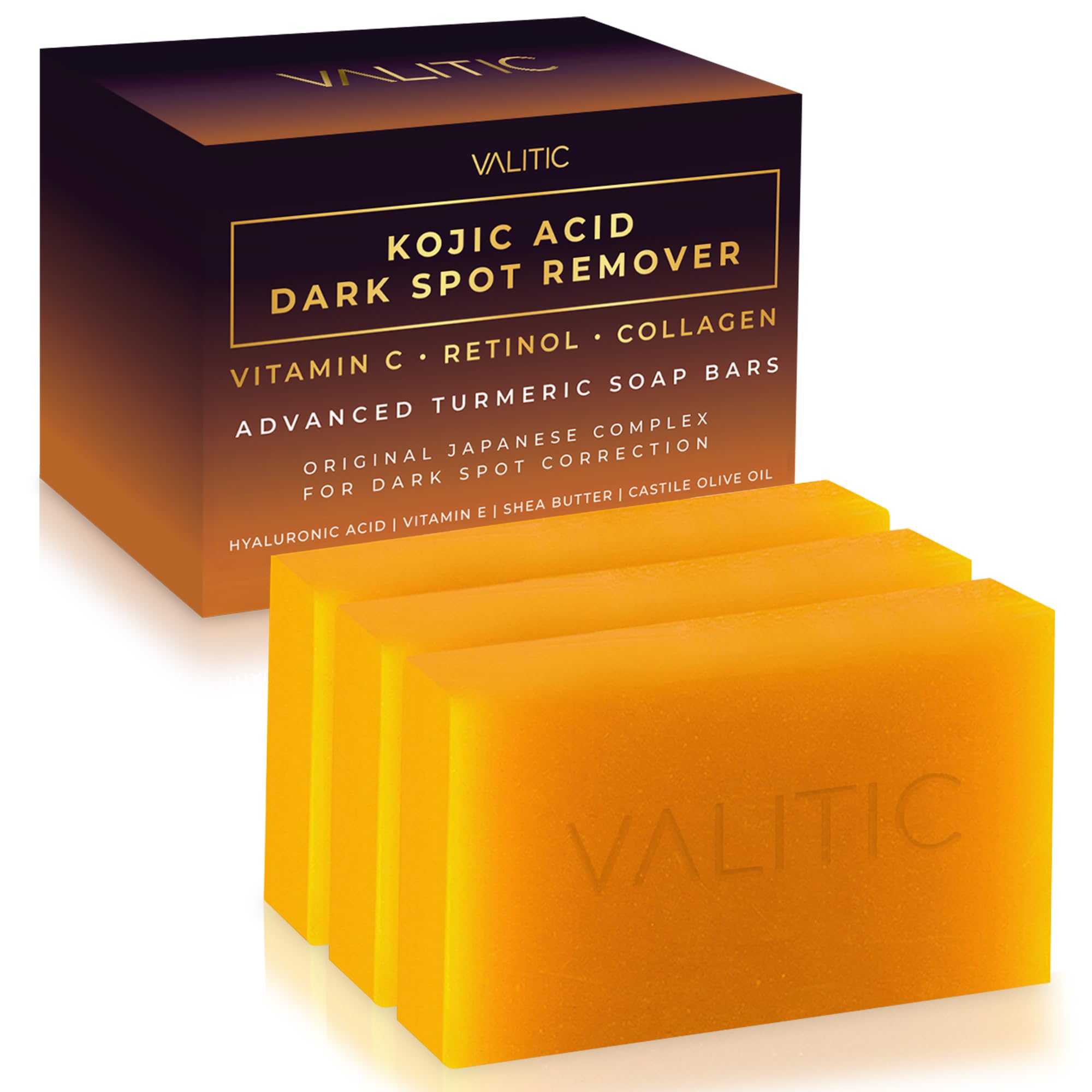 VALITIC Kojic Acid Dark Spot Remover Soap Bars, Turmeric Bar - Product Imagery