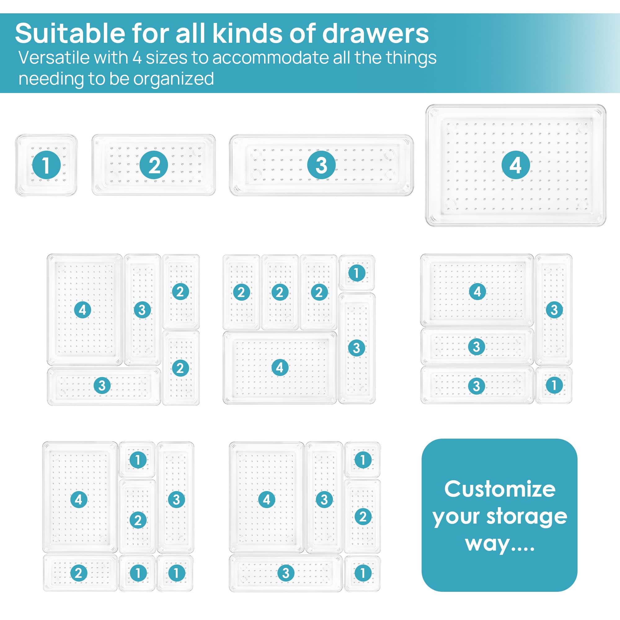 Vtopmart 25 PCS Clear Plastic Drawer Organizers Set, 4-Size Versatile Bathroom and Vanity Drawer Organizer Trays, Storage Bins for Makeup, Bedroom, Kitchen Gadgets Utensils and Office - Vtopmart Official Product View 7