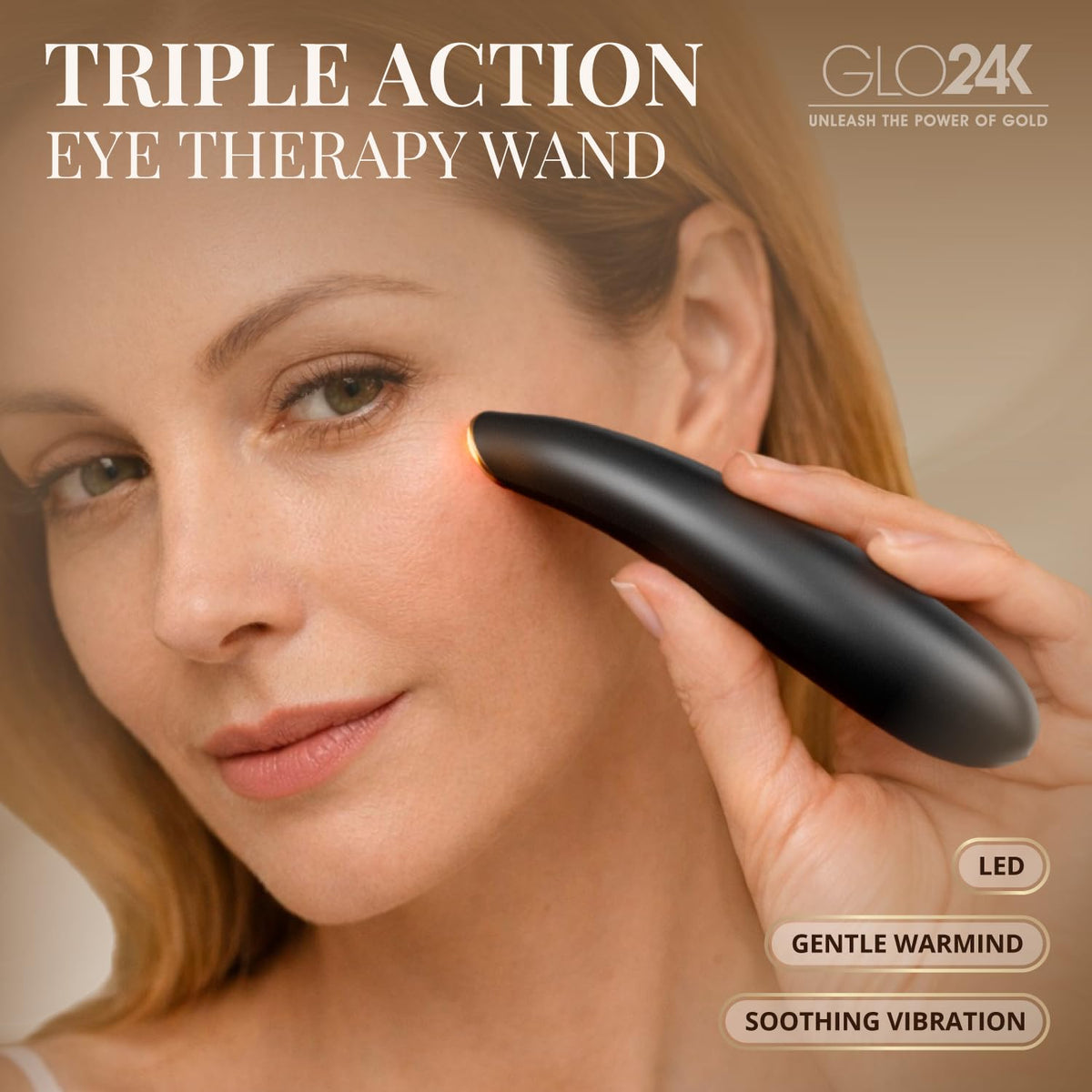 GLO24K Heated Eye Massager Wand with Vibration for Under Eye - GLO24K UNLEASH THE POWER OF GOLD Official Imagery - 3