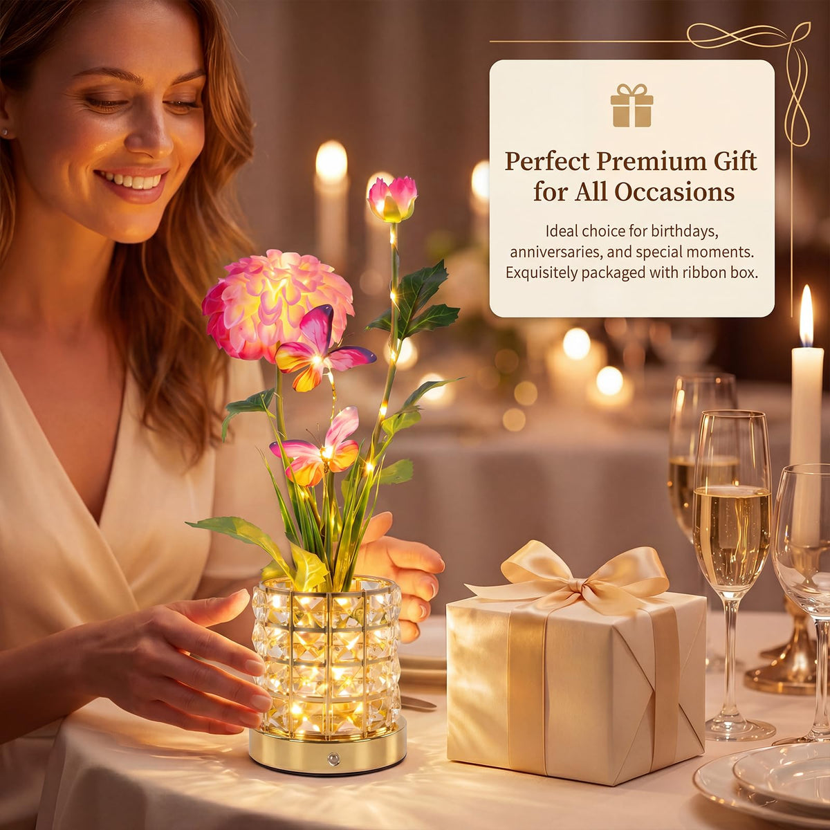 Butterfly Dahlia LED Crystal Lamp Rechargeable Touch Night - YWYWLED Official Imagery - 7