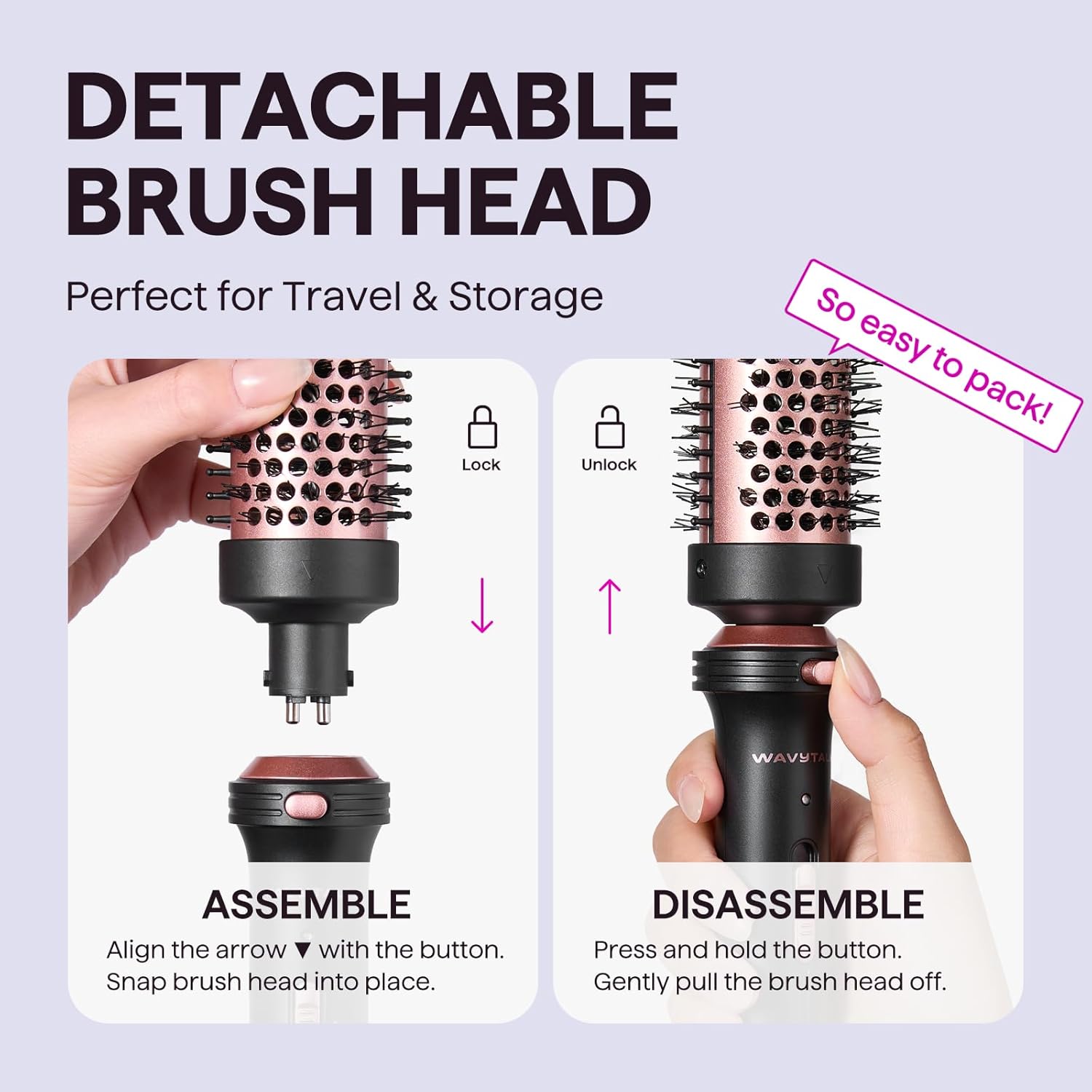 Wavytalk 1.5-inch heated round thermal brush with detachable head for styling and volumizing hair.